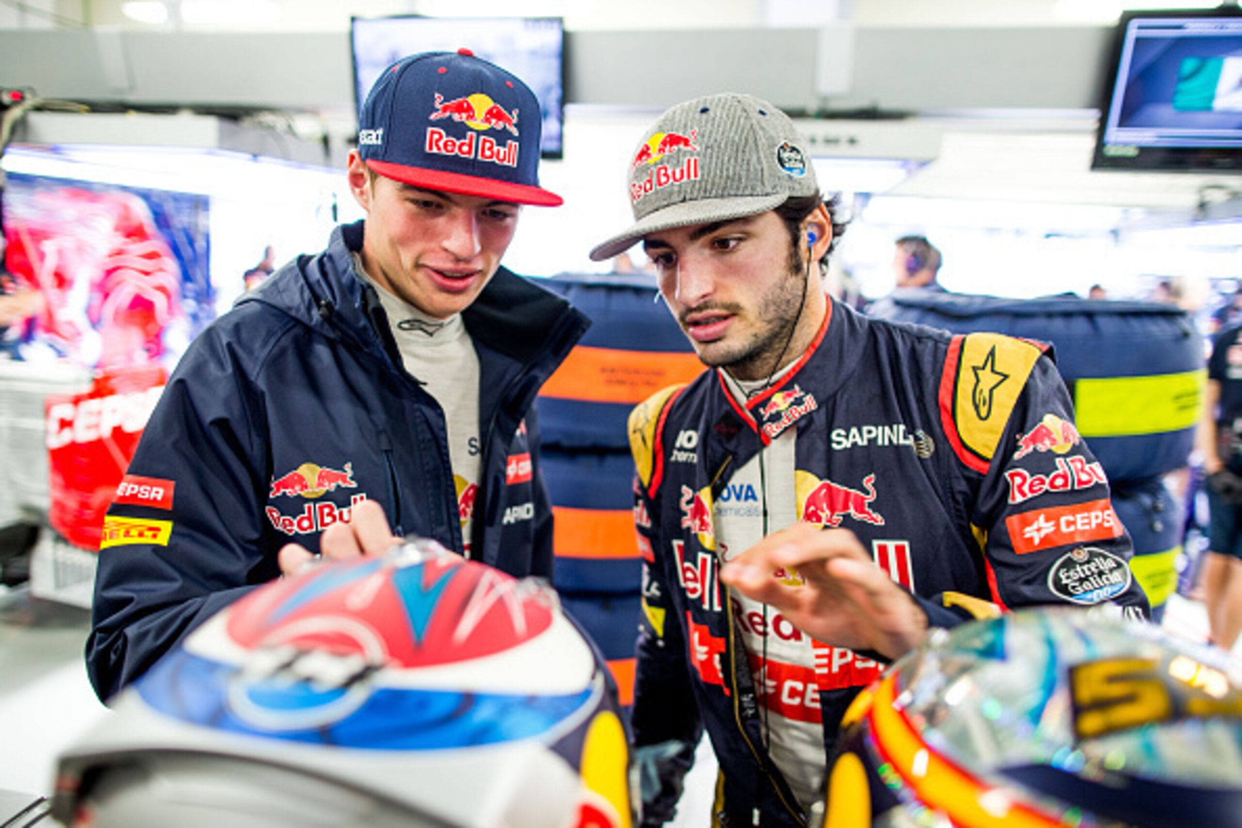 MEXICO CITY, MEXICO - OCTOBER 30:  Max Verstappen of The Netherlands with Carlos Sainz of Spain both of Scuderia Toro Rosso during practice for the Formula One Grand Prix of Mexico at Autodromo Hermanos Rodriguez on October 30, 2015 in Mexico City, Mexico