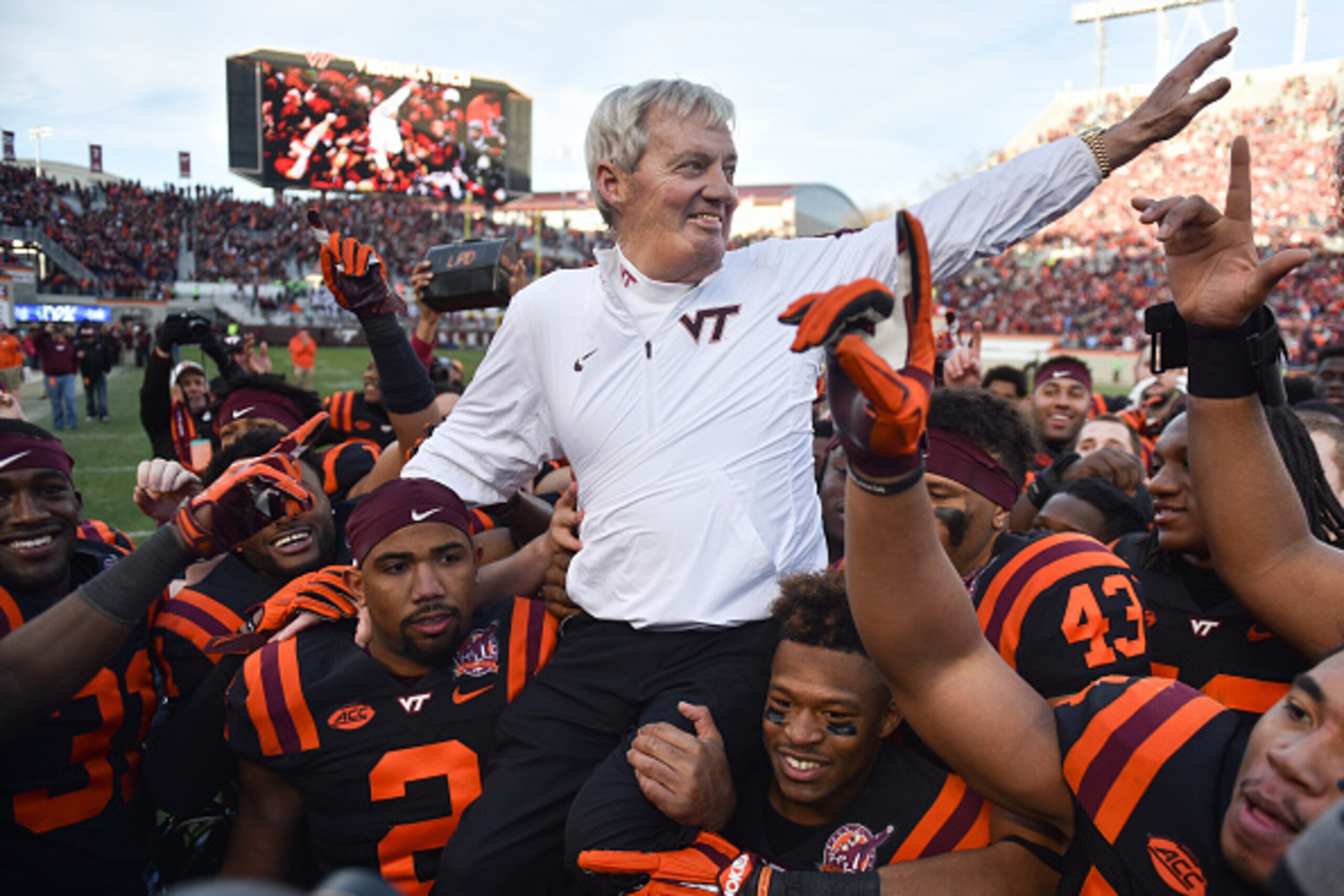 BLACKSBURG, VA - NOVEMBER 21: Head coach of the Virginia Tech Hokies Frank Beamer is carried off the field following the game against the North Carolina Tar Heels on November 21, 2015 in Blacksburg, Virginia. (Photo by Michael Shroyer/Getty Images) BLACKSBURG, VA - NOVEMBER 21: Head coach of the Virginia Tech Hokies Frank Beamer is carried off the field following the game against the North Carolina Tar Heels on November 21, 2015 in Blacksburg, Virginia. (Photo by Michael Shroyer/Getty Images)