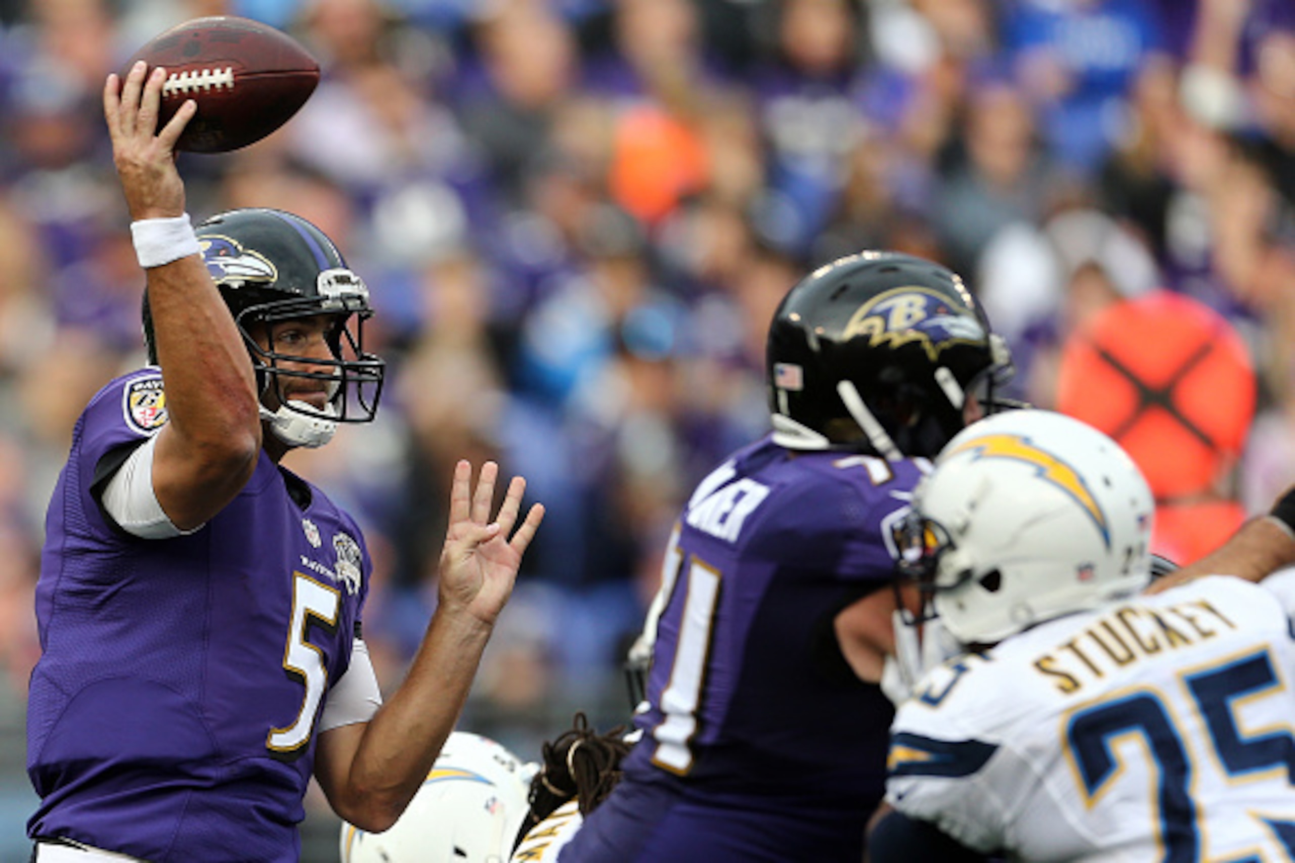 BALTIMORE, MD - NOVEMBER 1: Quarterback Joe Flacco #5 of the Baltimore Ravens passes the ball during the third quarter of a game against the San Diego Chargers at M&T Bank Stadium on November 1, 2015 in Baltimore, Maryland. (Photo by Matt Hazlett/Getty Im BALTIMORE, MD - NOVEMBER 1: Quarterback Joe Flacco #5 of the Baltimore Ravens passes the ball during the third quarter of a game against the San Diego Chargers at M&T Bank Stadium on November 1, 2015 in Baltimore, Maryland. (Photo by Matt Hazlett/Getty Im