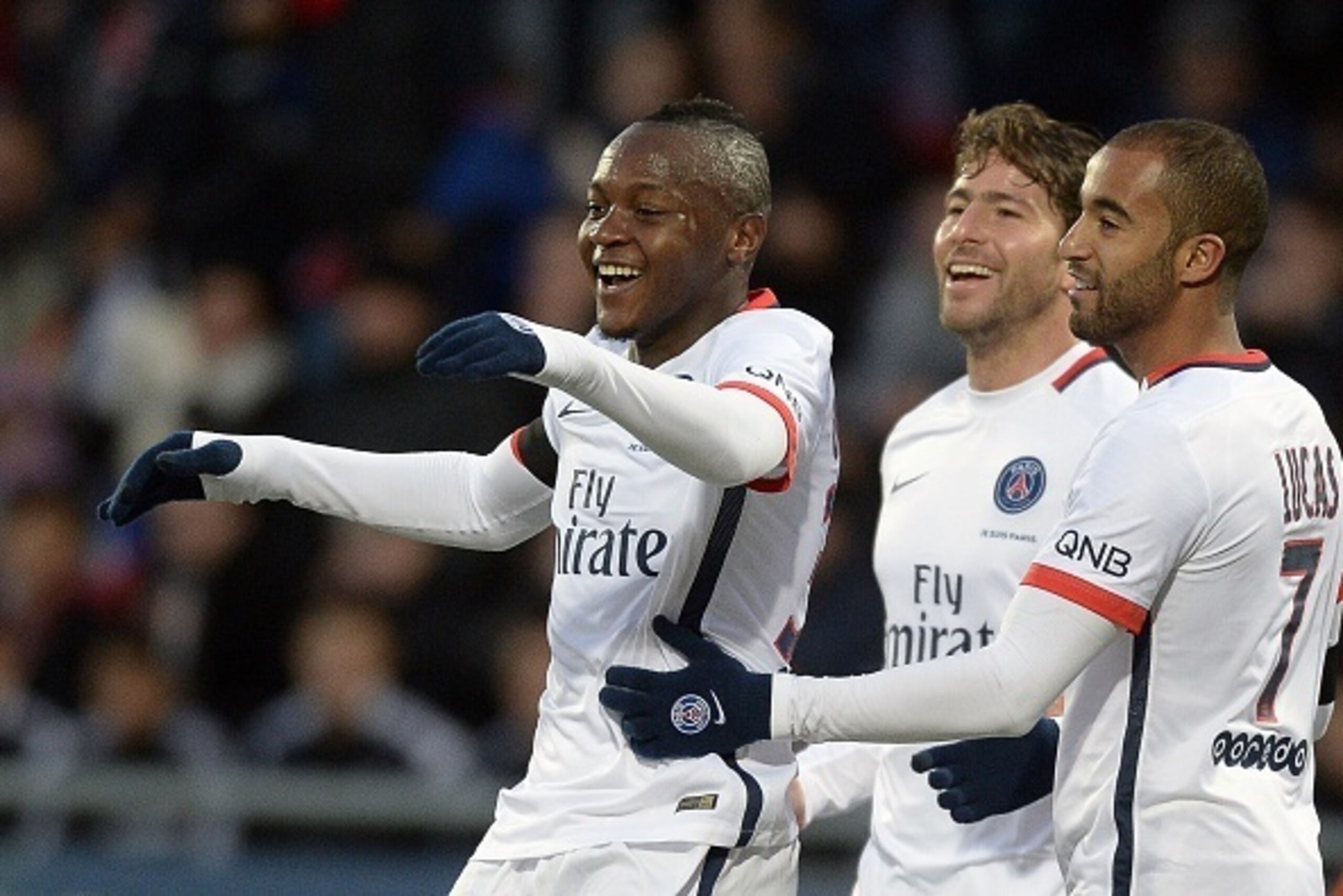 Paris Saint-Germain's French forward Hervin Ongenda (L) celebrates after scoring a goal during the French L1 football match between Lorient and Paris Saint-Germain on November 21, 2015 at the Moustoir stadium in Lorient, western France. AFP PHOTO / JEAN-S Paris Saint-Germain's French forward Hervin Ongenda (L) celebrates after scoring a goal during the French L1 football match between Lorient and Paris Saint-Germain on November 21, 2015 at the Moustoir stadium in Lorient, western France. AFP PHOTO / JEAN-S