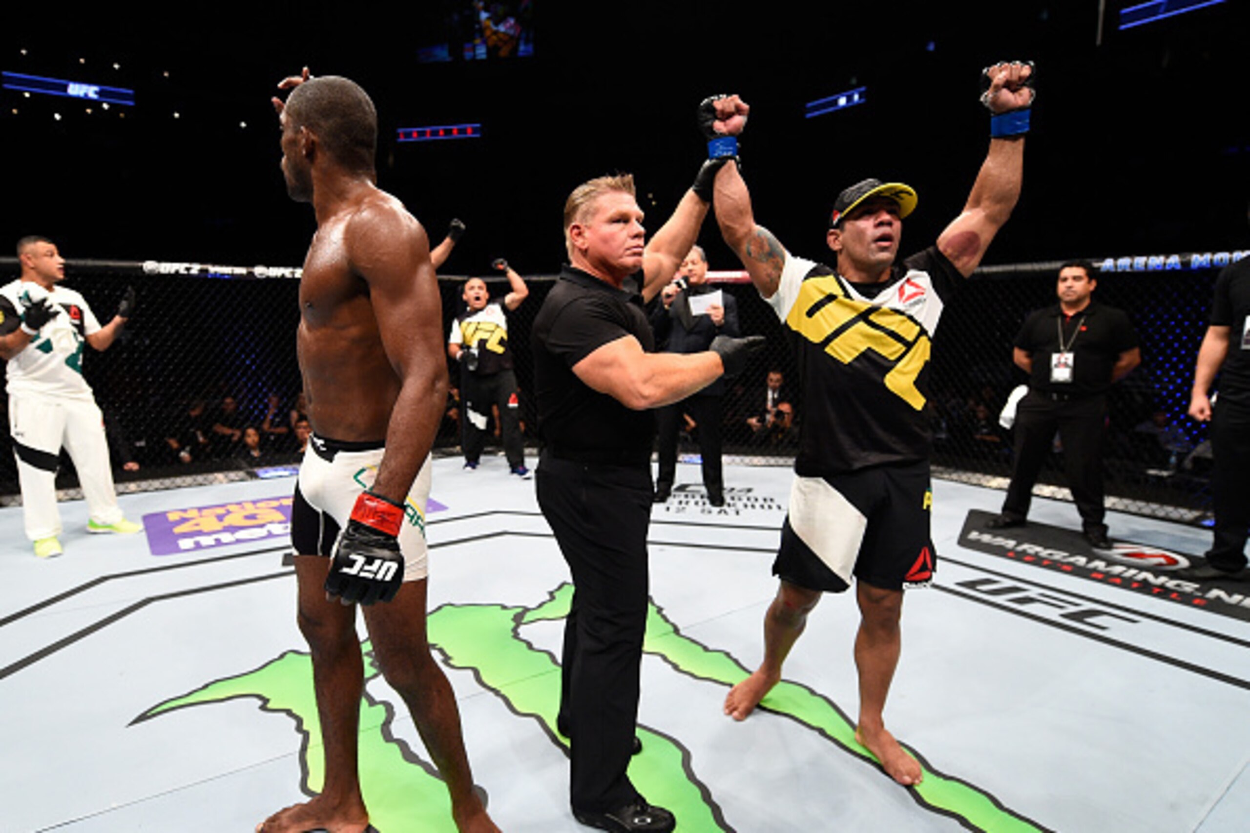 MONTERREY, MEXICO - NOVEMBER 21:  Michel Prazeres of Brazil celebrates after his split-decision victory over Valmir Lazaro of Brazil in their lightweight bout during the UFC Fight Night event at Arena Monterrey on November 21, 2015 in Monterrey, Mexico.  