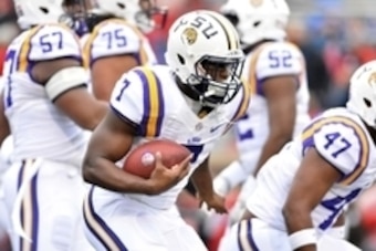 Nov 21, 2015; Oxford, MS, USA;  LSU Tigers running back Leonard Fournette (7) warms up before the game against the Mississippi Rebels at Vaught-Hemingway Stadium. Mandatory Credit: Matt Bush-USA TODAY Sports
