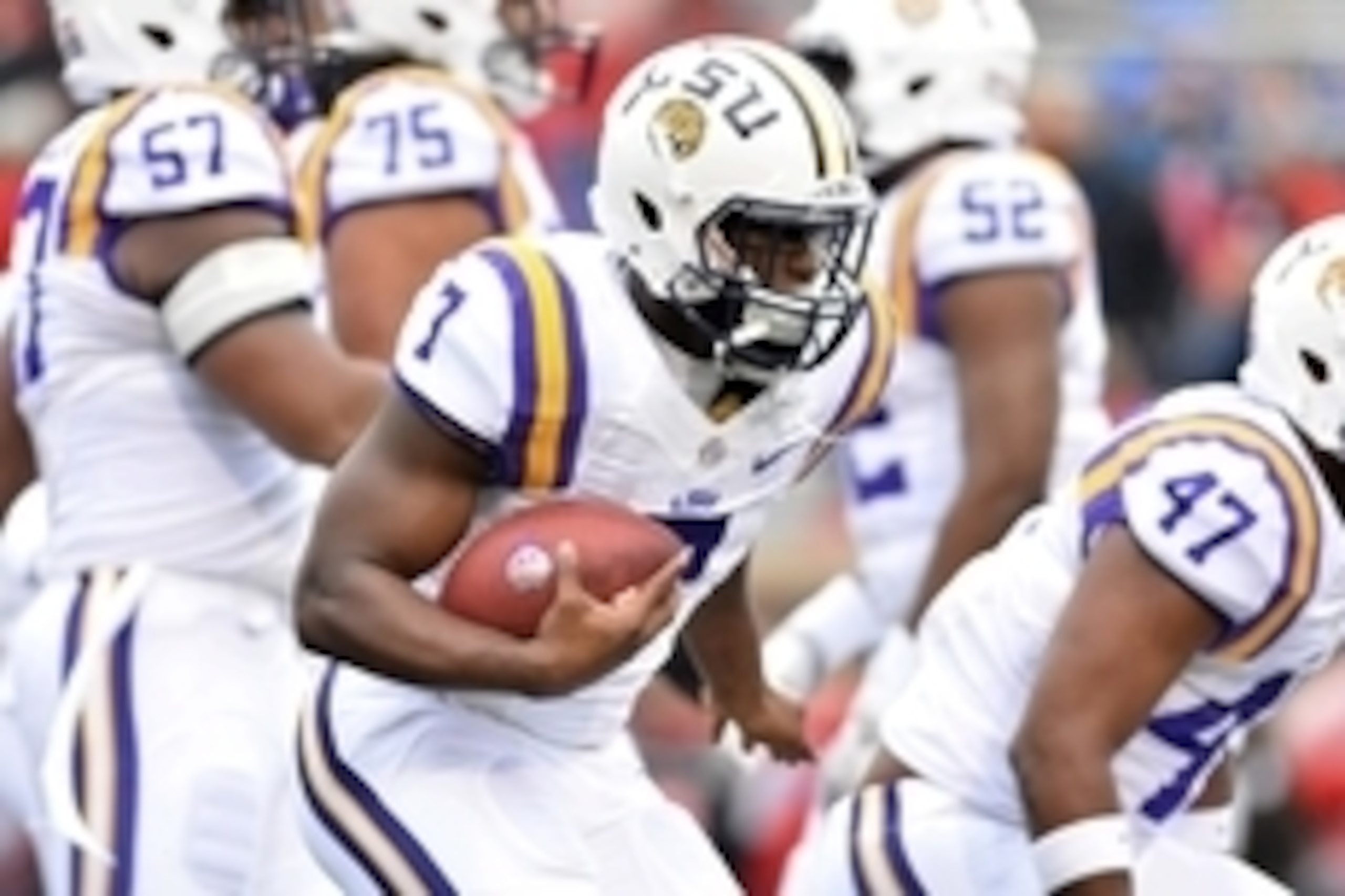 Nov 21, 2015; Oxford, MS, USA;  LSU Tigers running back Leonard Fournette (7) warms up before the game against the Mississippi Rebels at Vaught-Hemingway Stadium. Mandatory Credit: Matt Bush-USA TODAY Sports