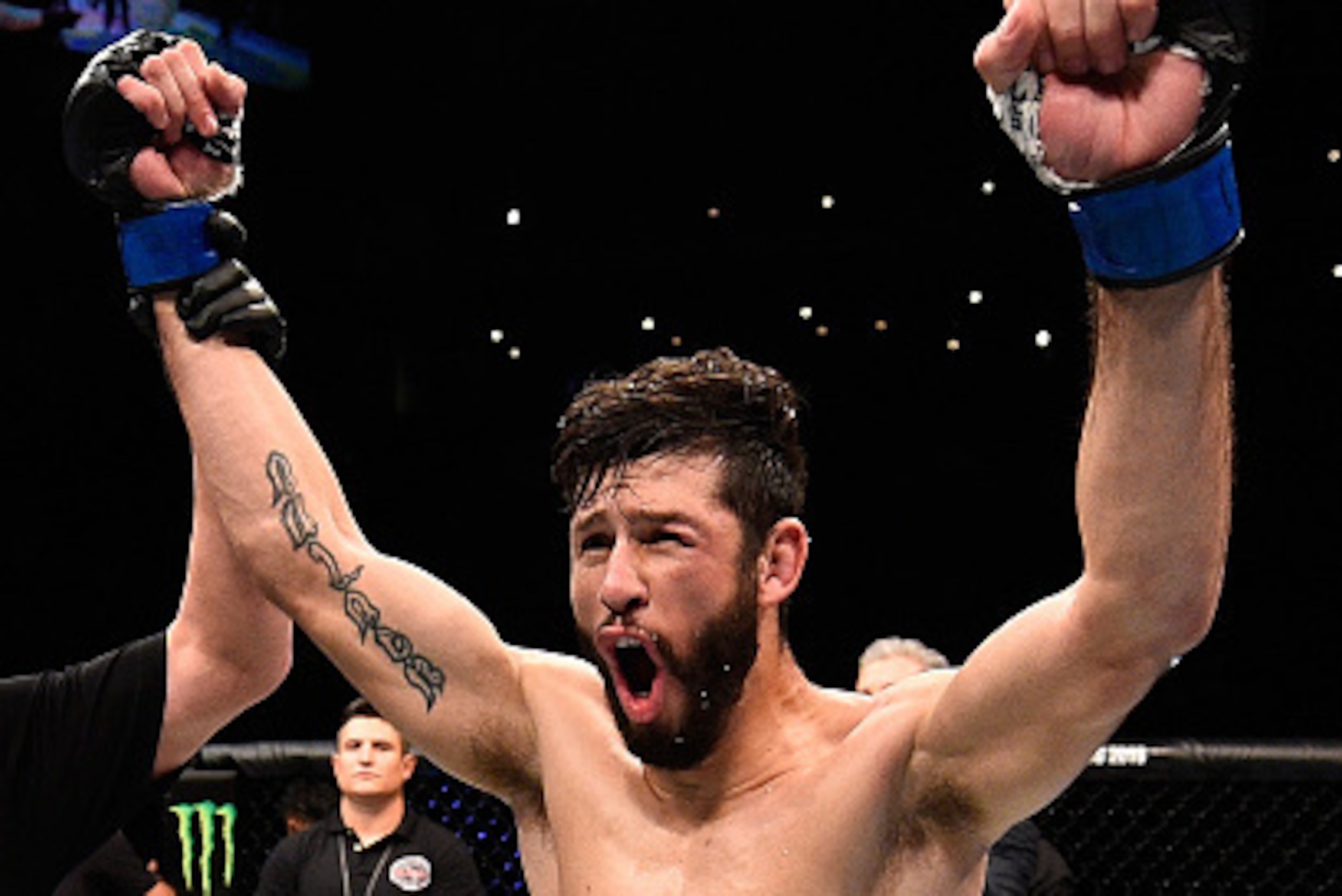 MONTERREY, MEXICO - NOVEMBER 21:  Polo Reyes of Mexico celebrates after his knockout victory over Cesar Arzamendia of Paraguay in their lightweight bout during the UFC Fight Night event at Arena Monterrey on November 21, 2015 in Monterrey, Mexico.  (Photo