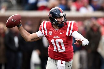 OXFORD, MS - NOVEMBER 21:  Chad Kelly #10 of the Mississippi Rebels looks to pass during the first quarter of a game against the LSU Tigers at Vaught-Hemingway Stadium on November 21, 2015 in Oxford, Mississippi.  (Photo by Stacy Revere/Getty Images)