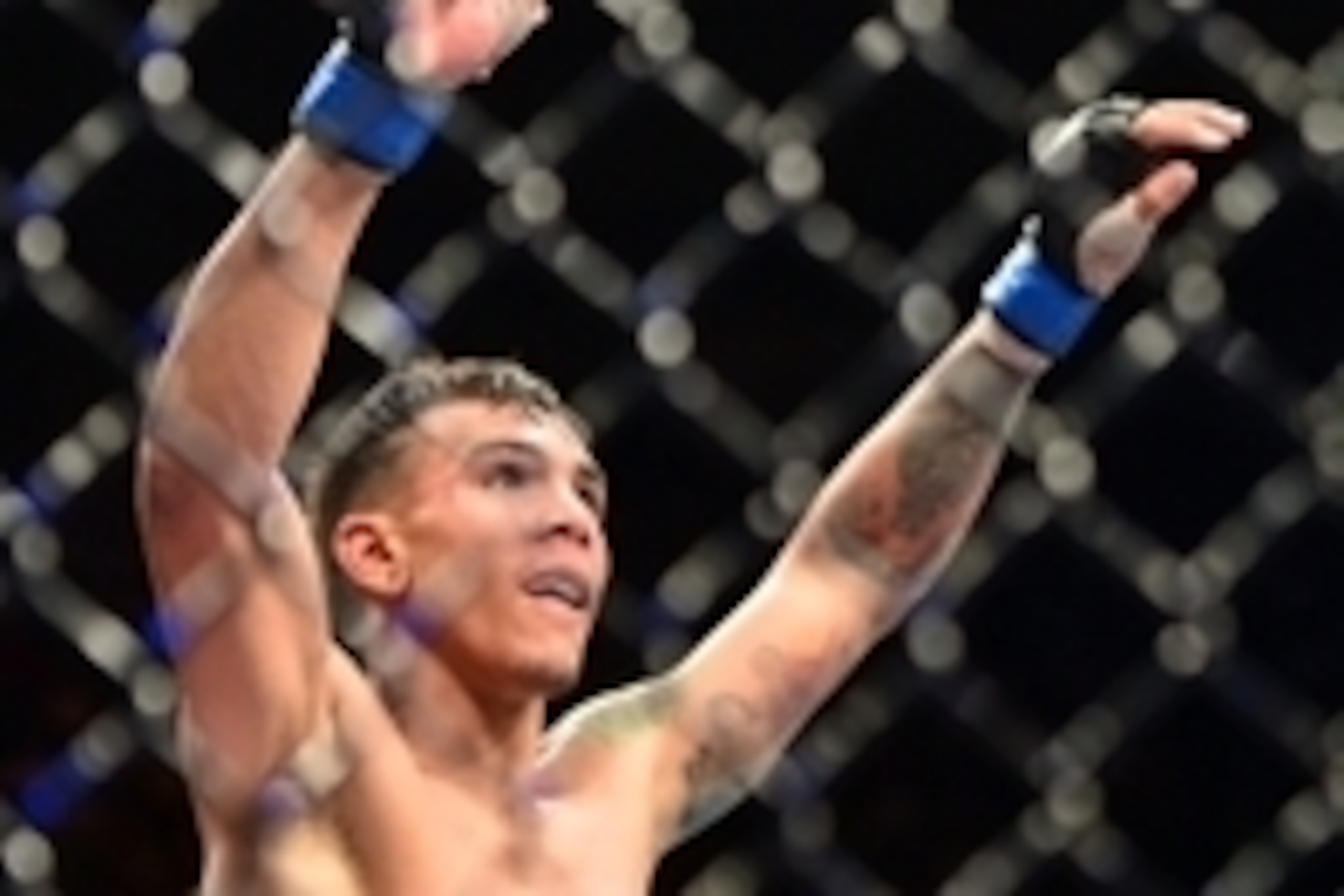 Oct 25, 2014; Rio de Janeiro, Brazil;  Andre Fili (blue gloves) reacts after his fight against Felipe Arantes (not pictured) during UFC 179 at Ginasio do Maracanazinho. Mandatory Credit: Jason Silva-USA TODAY Sports