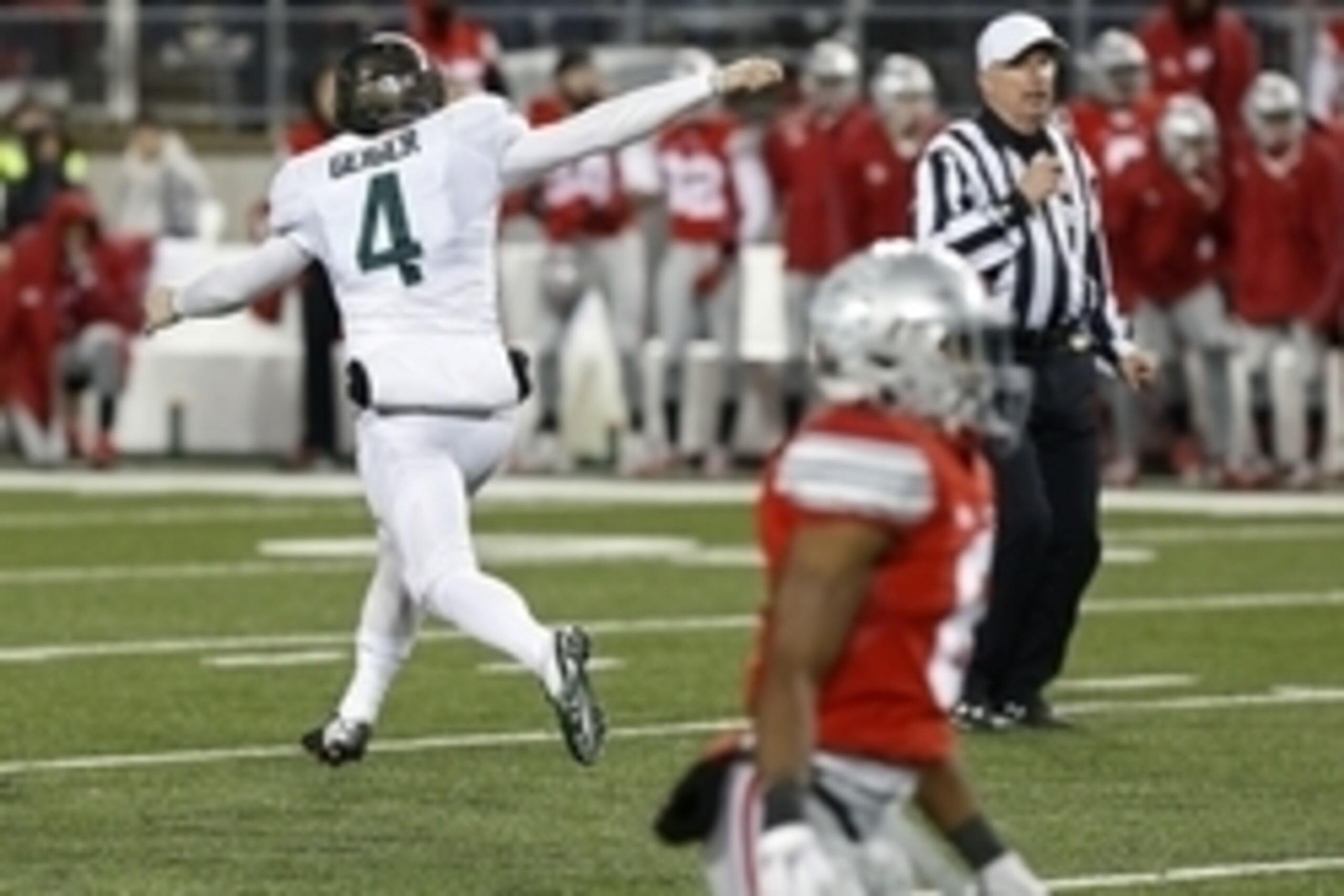 Nov 21, 2015; Columbus, OH, USA; Michigan State Spartans place kicker Michael Geiger (4) celebrates after making the game-winning field goal on the final play of the game against the Ohio State Buckeyes at Ohio Stadium. The Spartans won 17-14. Mandatory C