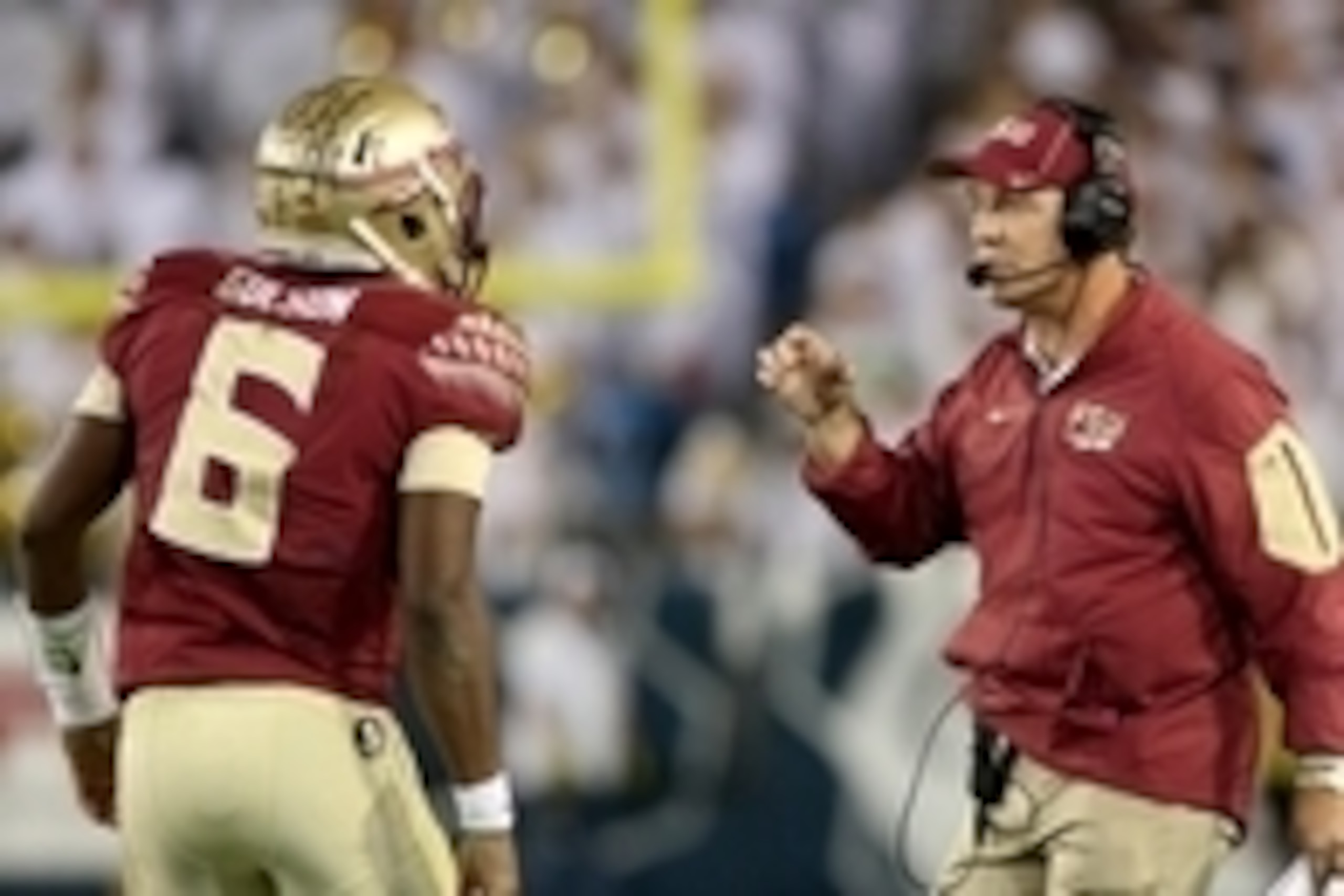 Oct 24, 2015; Atlanta, GA, USA; Florida State Seminoles head coach Jimbo Fisher talks with quarterback Everett Golson (6) during a timeout of the fourth quarter of their game against the Georgia Tech Yellow Jackets at Bobby Dodd Stadium. Georgia Tech won Oct 24, 2015; Atlanta, GA, USA; Florida State Seminoles head coach Jimbo Fisher talks with quarterback Everett Golson (6) during a timeout of the fourth quarter of their game against the Georgia Tech Yellow Jackets at Bobby Dodd Stadium. Georgia Tech won