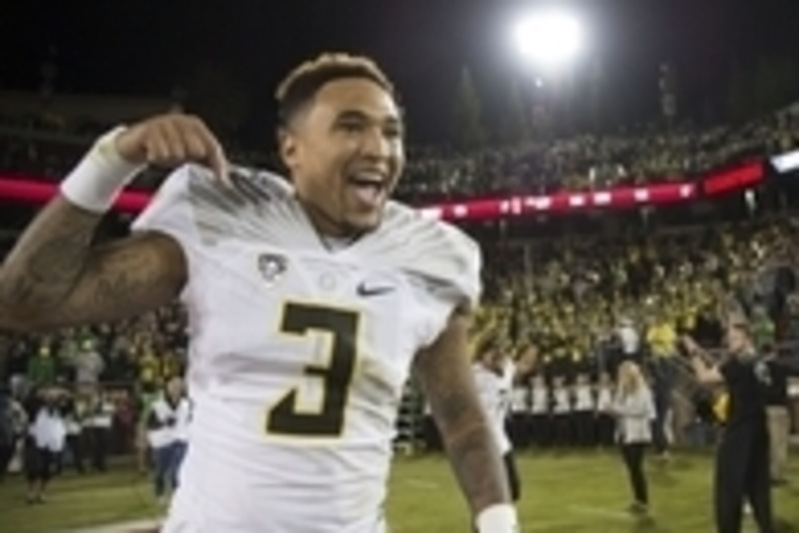 November 14, 2015; Stanford, CA, USA; Oregon Ducks quarterback Vernon Adams Jr. (3) celebrates after the game against the Stanford Cardinal at Stanford Stadium. The Ducks defeated the Cardinal 38-36. Mandatory Credit: Kyle Terada-USA TODAY Sports November 14, 2015; Stanford, CA, USA; Oregon Ducks quarterback Vernon Adams Jr. (3) celebrates after the game against the Stanford Cardinal at Stanford Stadium. The Ducks defeated the Cardinal 38-36. Mandatory Credit: Kyle Terada-USA TODAY Sports