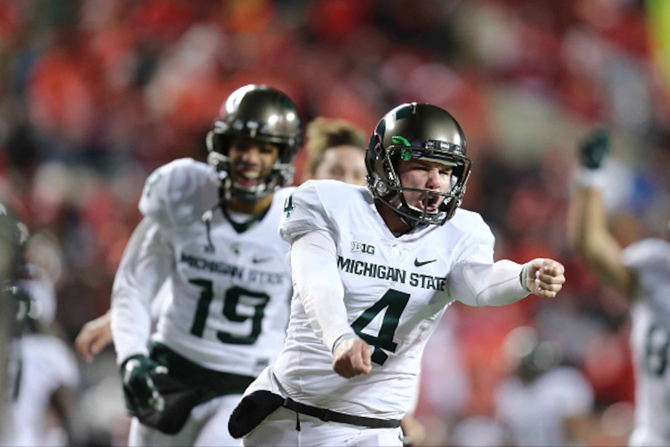 COLUMBUS, OH - NOVEMBER 21: Michael Geiger #4 of the Michigan State Spartans celebrates his game winning field goal against the Ohio State Buckeyes at Ohio Stadium on November 21, 2015 in Columbus, Ohio. (Photo by Rey Del Rio/Getty Images) COLUMBUS, OH - NOVEMBER 21: Michael Geiger #4 of the Michigan State Spartans celebrates his game winning field goal against the Ohio State Buckeyes at Ohio Stadium on November 21, 2015 in Columbus, Ohio. (Photo by Rey Del Rio/Getty Images)