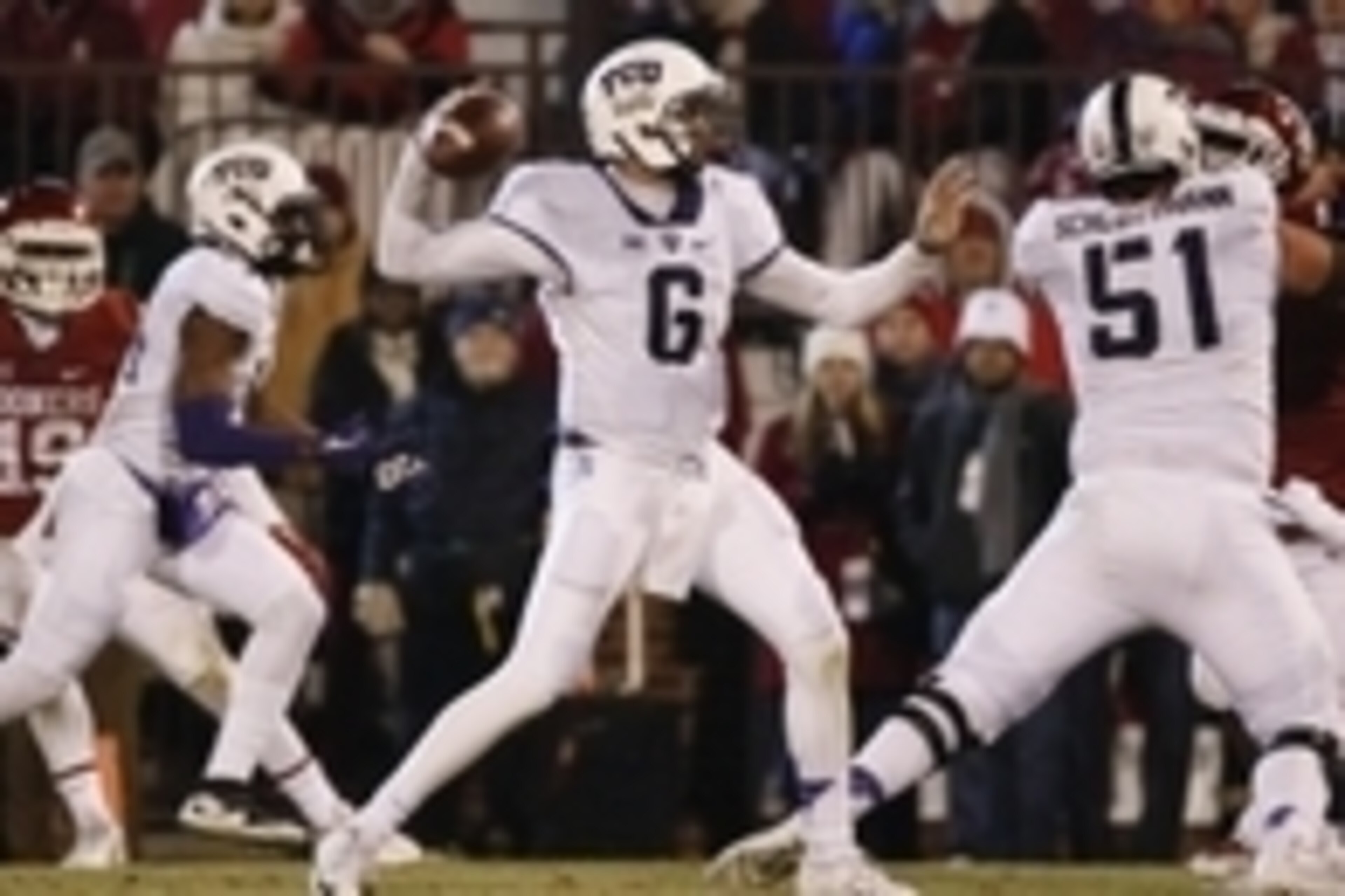 Nov 21, 2015; Norman, OK, USA; TCU Horned Frogs quarterback Bram Kohlhausen (6) throws during the second half against the Oklahoma Sooners at Gaylord Family - Oklahoma Memorial Stadium. Mandatory Credit: Kevin Jairaj-USA TODAY Sports Nov 21, 2015; Norman, OK, USA; TCU Horned Frogs quarterback Bram Kohlhausen (6) throws during the second half against the Oklahoma Sooners at Gaylord Family - Oklahoma Memorial Stadium. Mandatory Credit: Kevin Jairaj-USA TODAY Sports