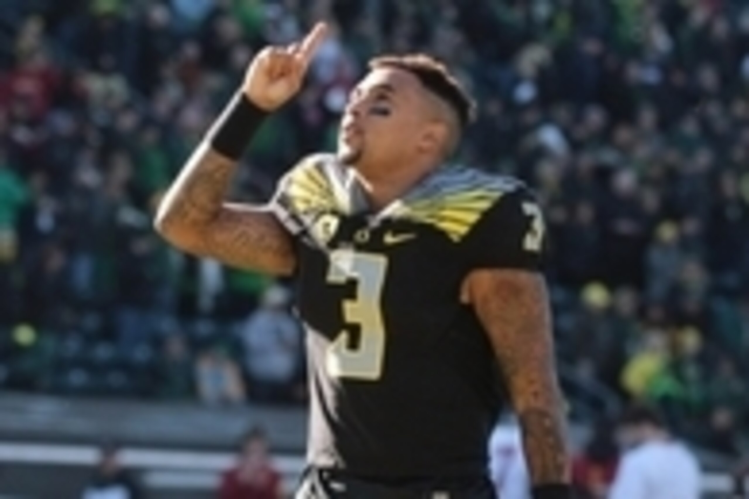 Nov 21, 2015; Eugene, OR, USA; Oregon Ducks quarterback Vernon Adams Jr. (3) points to the sky before the game against the USC Trojans at Autzen Stadium. Mandatory Credit: Scott Olmos-USA TODAY Sports