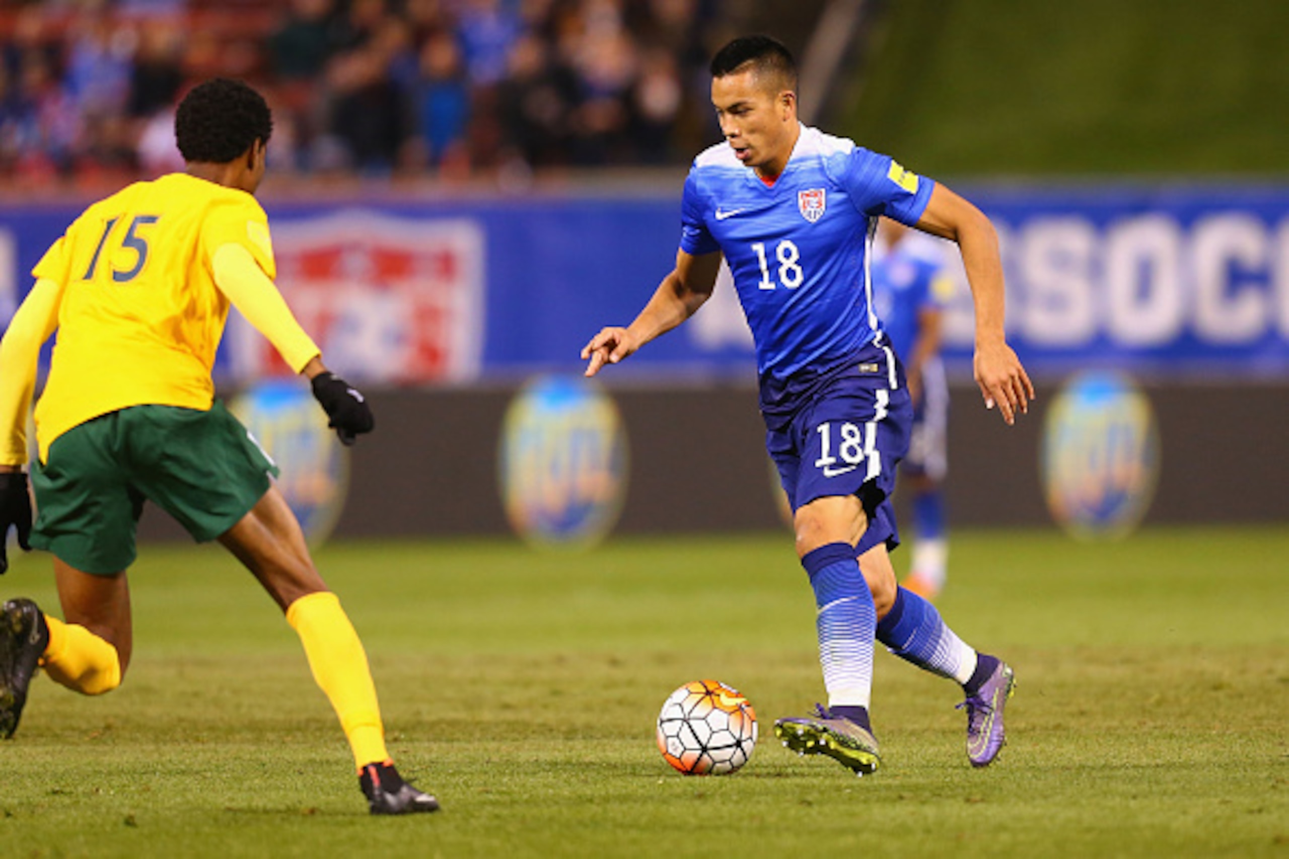 ST. LOUIS, MO - NOVEMBER 13: Bobby Wood #18 of the United States controls the ball against St. Vincent and the Grenadines during a World Cup qualifying match at Busch Stadium on November 13, 2014 in St. Louis, Missouri.  (Photo by Dilip Vishwanat/Getty Im