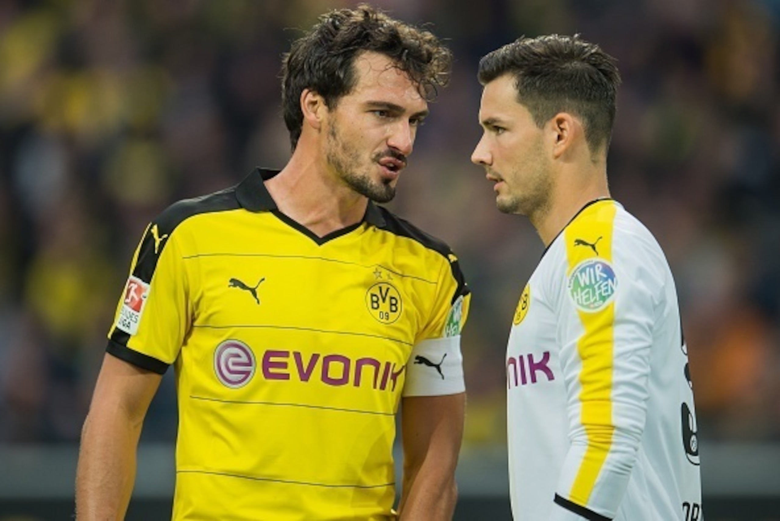 (L-R) Mats Hummels of Borussia Dortmund, goalkeeper Roman Burki of Borussia Dortmund during the Bundesliga match between Borussia Dortmund and Bayer 04 Leverkusen on September 20, 2015 at the Signal Iduna Park in Dortmund, Germany.(Photo by VI Images via 