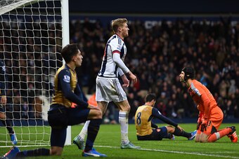 WEST BROMWICH, ENGLAND - NOVEMBER 21:  James McClean of West Bromwich Albion (2nd L) celebrates his team's second goal scored by Mikel Arteta (2nd R) of Arsenal during the Barclays Premier League match between West Bromwich Albion and Arsenal at The Hawth