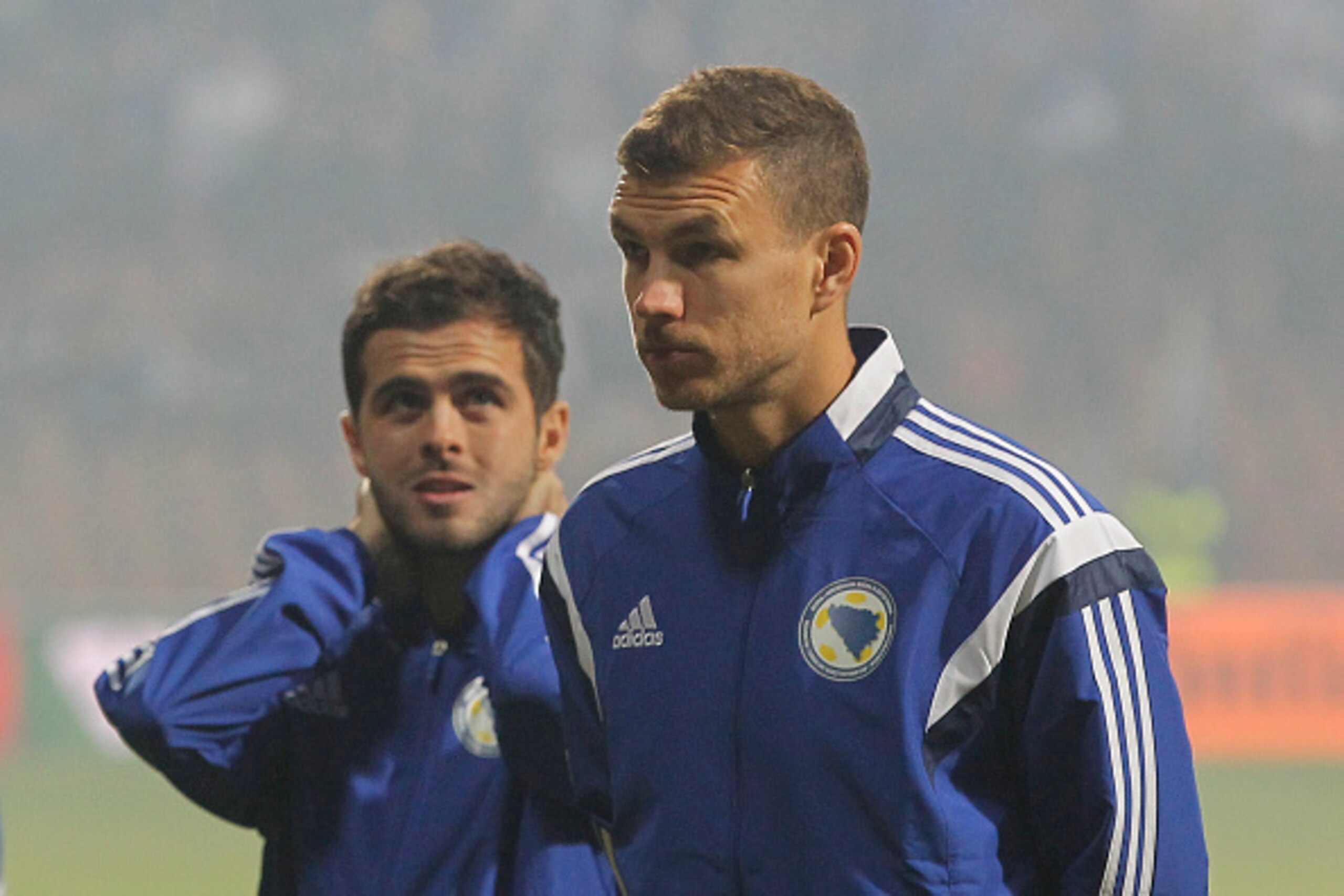 ZENICA, BOSNIA AND HERZEGOVINA - NOVEMBER 13. Edin Dzeko (R) and Miralem Pjanic (L) of Bosnia look on prior the EURO 2016 Qualifier Play-Off First Leg match at Bilino Polje Stadium on November 13, 2015 in Zenica, Bosnia and Herzegovina. (Photo by Srdjan S