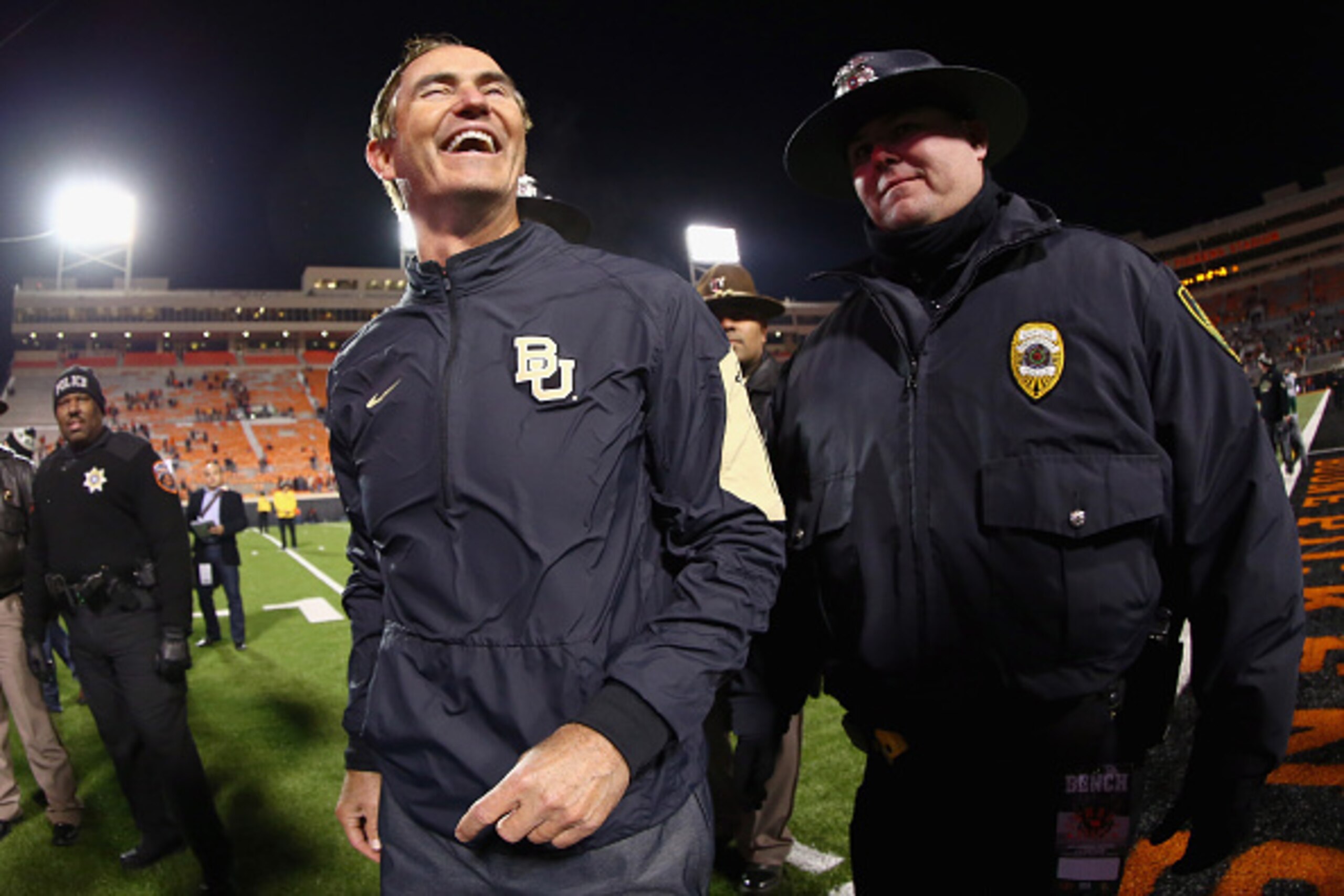 STILLWATER, OK - NOVEMBER 21:  Head coach Art Briles of the Baylor Bears celebrates after the Baylor Bears beat the Oklahoma State Cowboys 45-35 at Boone Pickens Stadium on November 21, 2015 in Stillwater, Oklahoma.  (Photo by Tom Pennington/Getty Images)