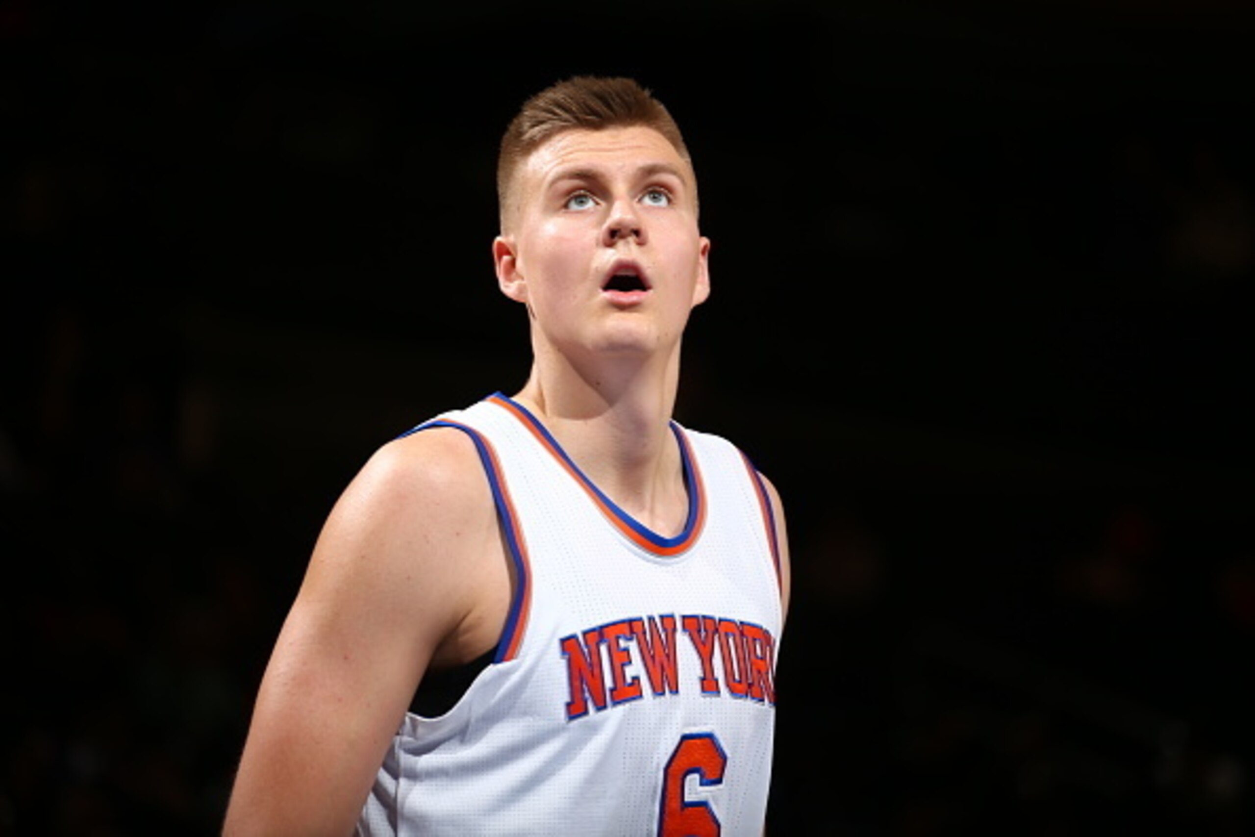 NEW YORK, NY - OCTOBER 7:  Kristaps Porzingis #6 of the New York Knicks looks on against Paschoalotto/Bauru during a preseason game on October 7, 2015 at Madison Square Garden in New York City, New York.  NOTE TO USER: User expressly acknowledges and agre