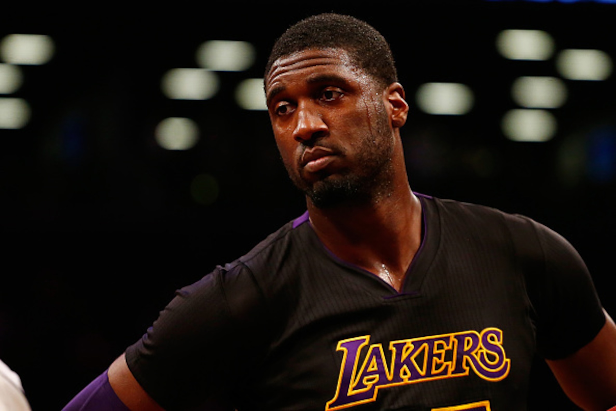 NEW YORK, NY - NOVEMBER 06:  Roy Hibbert #17 of the Los Angeles Lakers in action against the Brooklyn Nets 104-98 at the Barclays Center on November 6, 2015 in Brooklyn borough of New York City. Lakers defeated the Nets 104-98. NOTE TO USER: User expressl