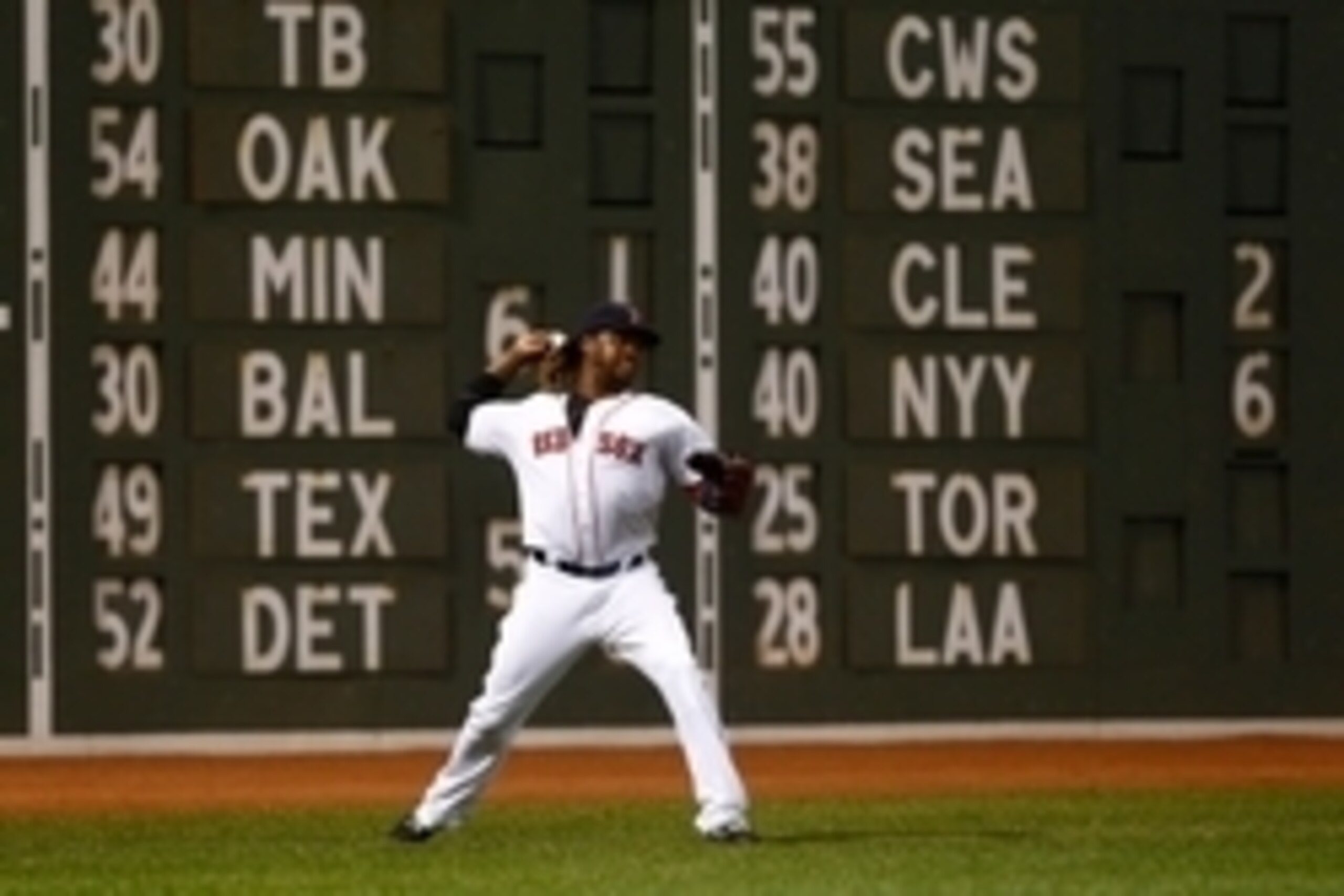 Aug 22, 2015; Boston, MA, USA; Boston Red Sox left fielder Hanley Ramirez (13) throws to second base against the Kansas City Royals during the sixth inning at Fenway Park. Mandatory Credit: Mark L. Baer-USA TODAY Sports