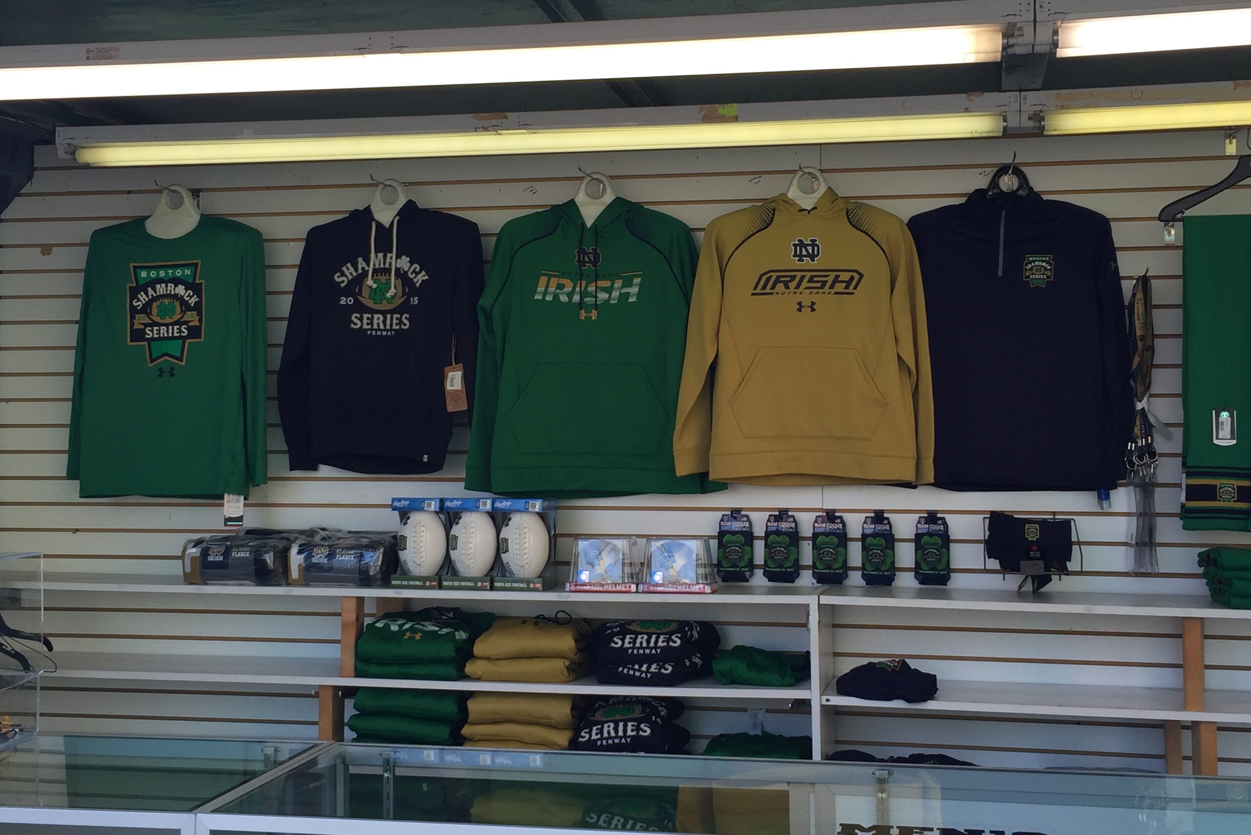 Notre Dame merchandise fills the stands on Yawkey Way. Notre Dame merchandise fills the stands on Yawkey Way.