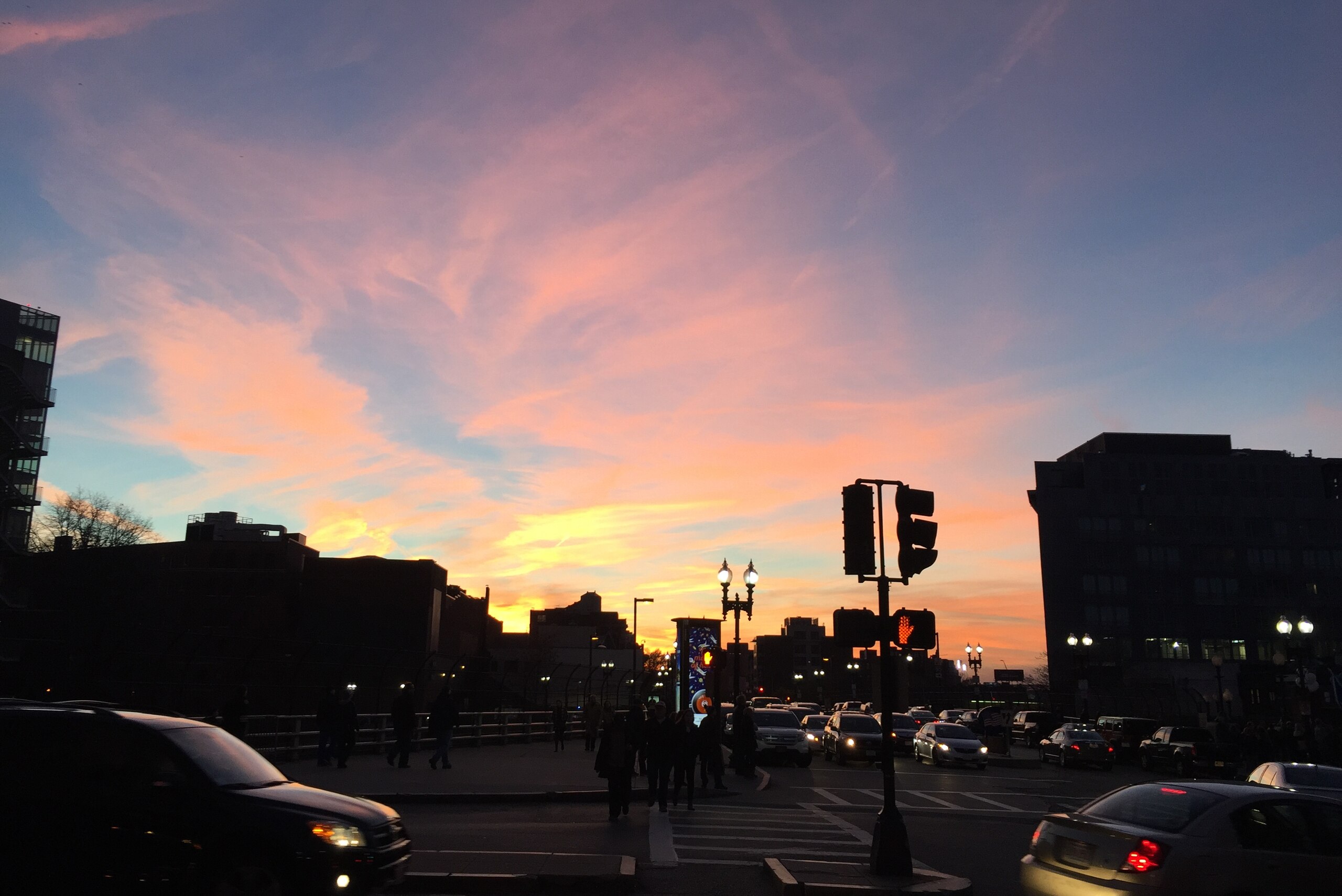 As game time approaches, the Boston backdrop provides a beautiful prelude to football.