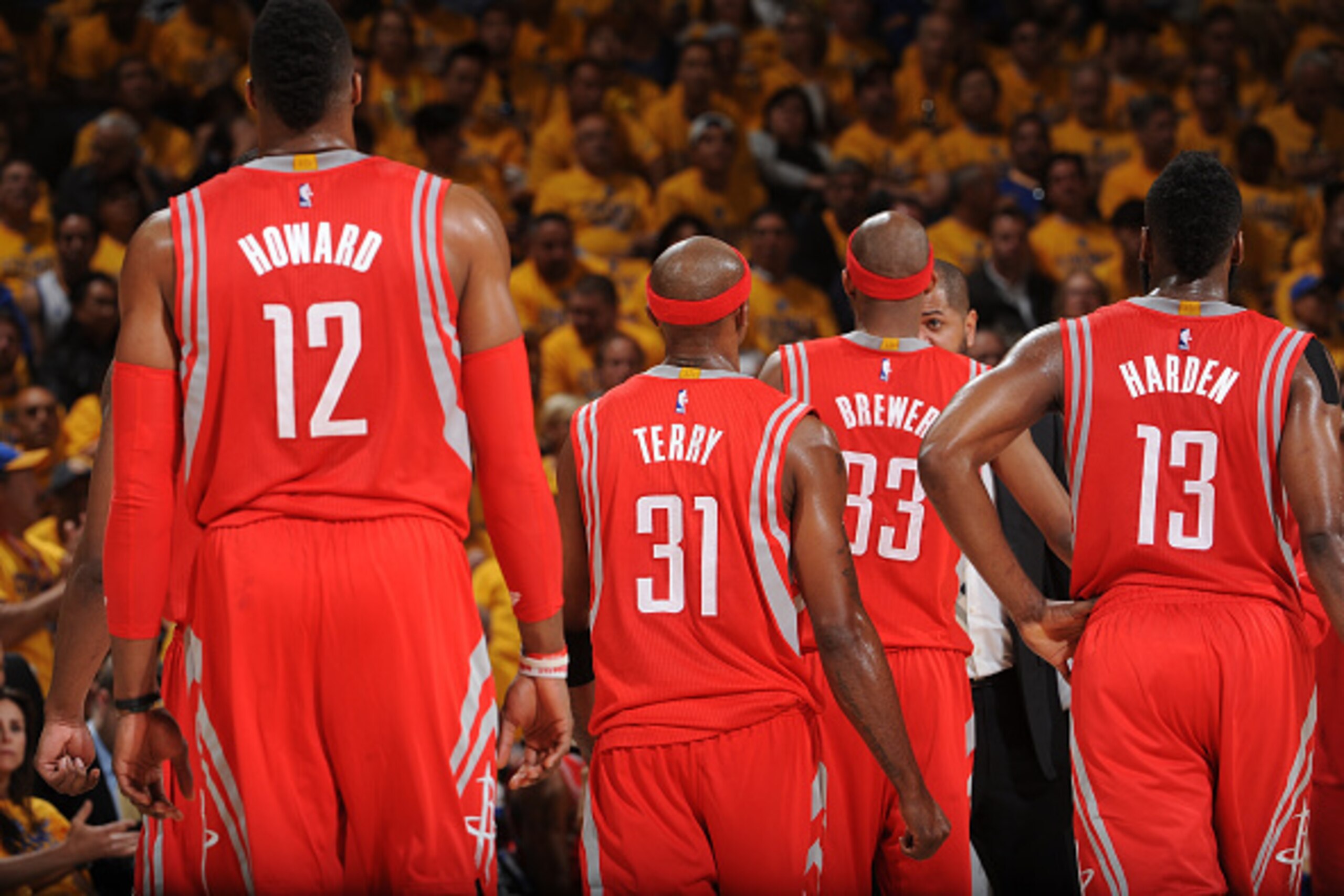 OAKLAND, CA - MAY 19: Dwight Howard #12, Jason Terry #31, Corey Brewer #33 and James Harden #13 of the Houston Rockets against the Golden State Warriors during Game One of the Western Conference Finals during the NBA Playoffs on May 19, 2015 at ORACLE Are OAKLAND, CA - MAY 19: Dwight Howard #12, Jason Terry #31, Corey Brewer #33 and James Harden #13 of the Houston Rockets against the Golden State Warriors during Game One of the Western Conference Finals during the NBA Playoffs on May 19, 2015 at ORACLE Are