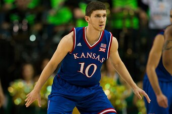 WACO, TX - JANUARY 7: Sviatoslav Mykhailiuk #10 of the Kansas Jayhawks defends against the Baylor Bears on January 7, 2015 at the Ferrell Center in Waco, Texas. (Photo by Cooper Neill/Getty Images)