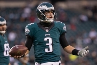 Nov 22, 2015; Philadelphia, PA, USA; Philadelphia Eagles quarterback Mark Sanchez (3) reacts to a play during the second half against the Tampa Bay Buccaneers at Lincoln Financial Field. The Buccaneers won 45-17. Mandatory Credit: Bill Streicher-USA TODAY