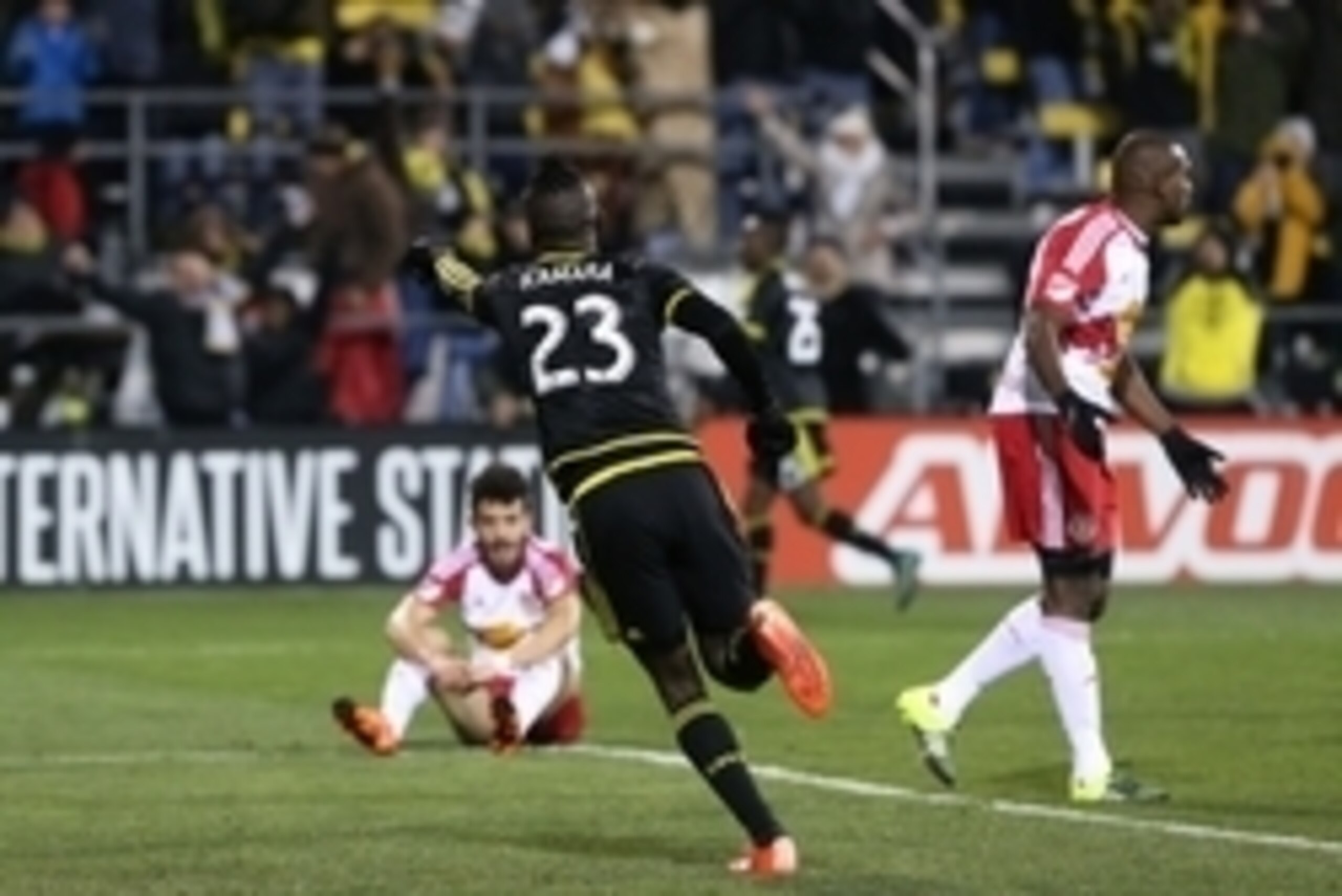 Nov 22, 2015; Columbus, OH, USA; Columbus Crew forward Kei Kamara (23) reacts to scoring a goal against the New York Red Bulls in the second half of leg one of the Eastern Conference championship at Mapfre Stadium. The Crew won 2-0. Mandatory Credit: Aaro