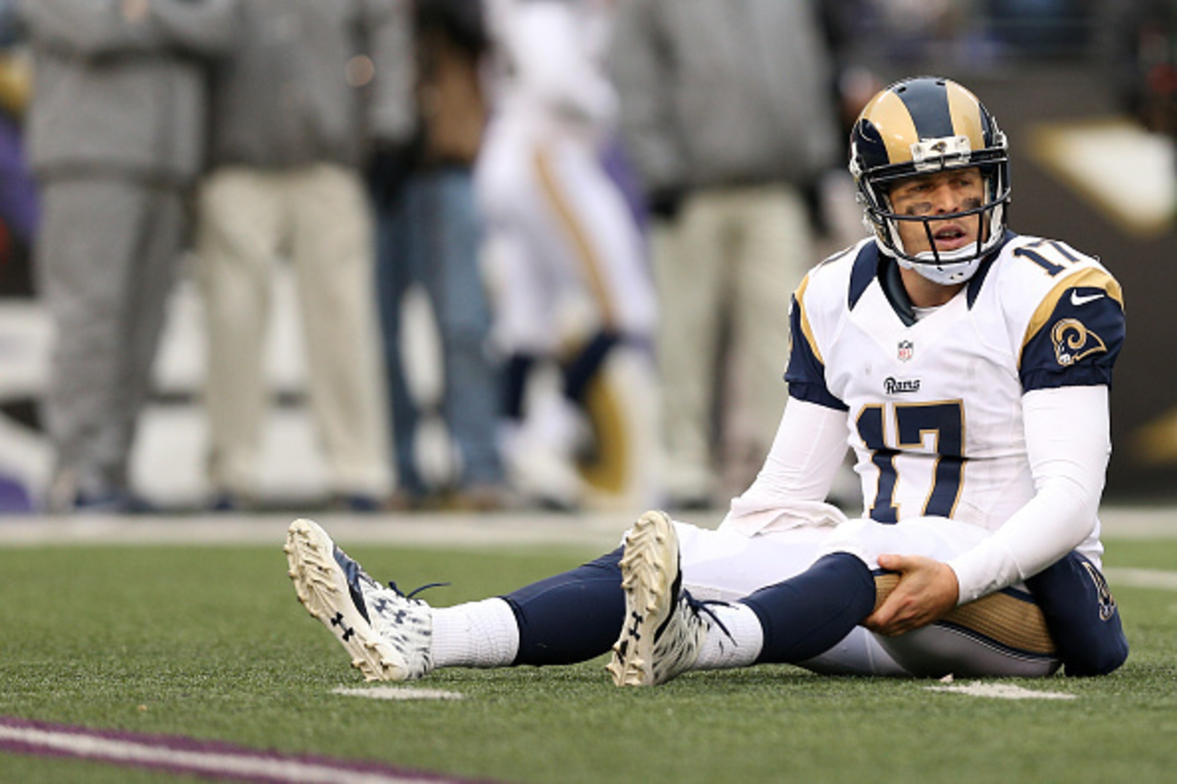 BALTIMORE, MD - NOVEMBER 22: Quarterback Case Keenum #17 of the St. Louis Rams sits on the turf during a game against the Baltimore Ravens in the fourth quarter at M&T Bank Stadium on November 22, 2015 in Baltimore, Maryland. (Photo by Patrick Smith/Getty