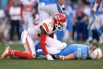 Nov 22, 2015; San Diego, CA, USA; Kansas City Chiefs free safety Husain Abdullah (39) looks at San Diego Chargers quarterback Philip Rivers (17) as Rivers reacts after an incomplete pass during the fourth quarter at Qualcomm Stadium. Mandatory Credit: Jak