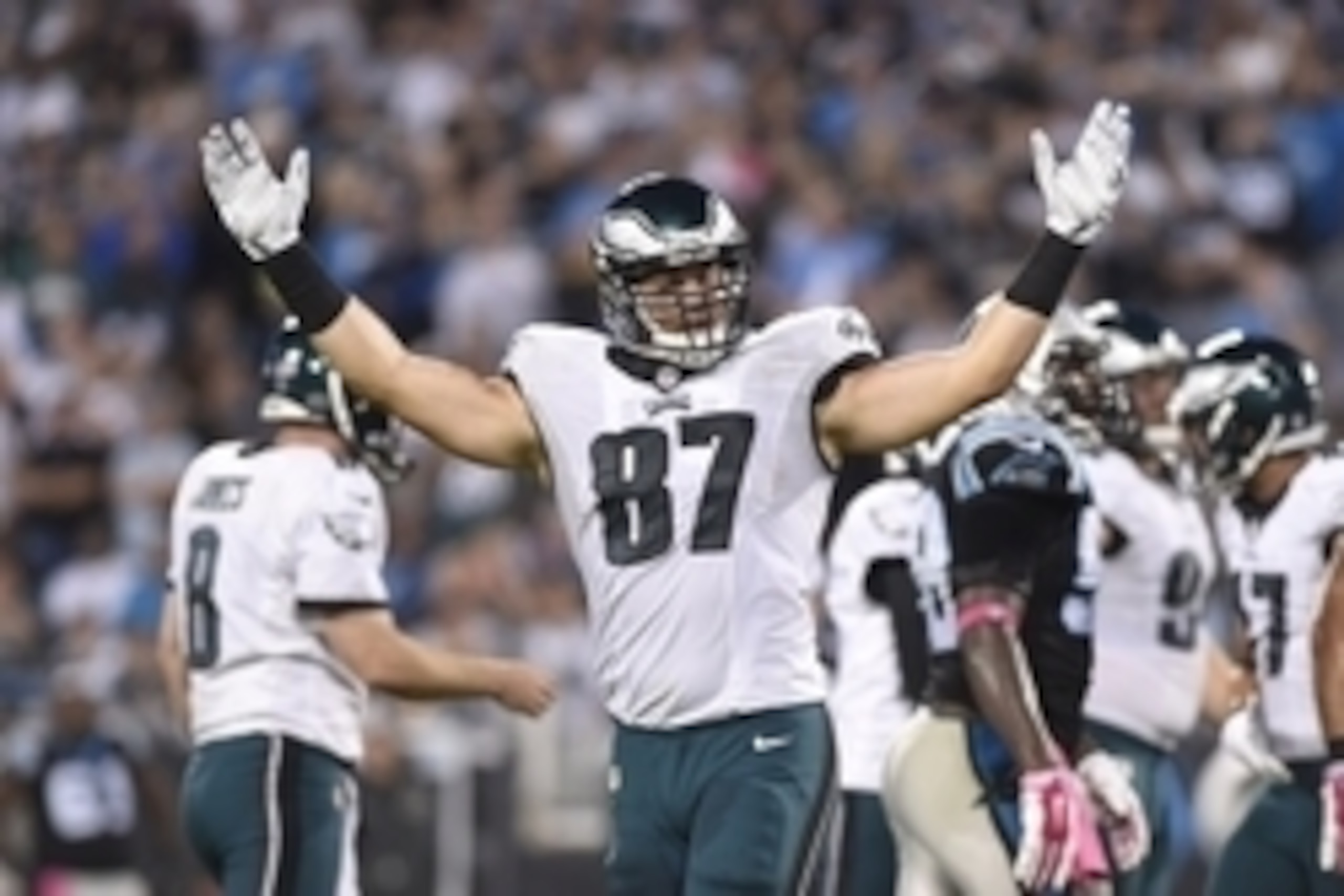 Oct 25, 2015; Charlotte, NC, USA; Philadelphia Eagles tight end Brent Celek (87) reacts in the second quarter at Bank of America Stadium. Mandatory Credit: Bob Donnan-USA TODAY Sports