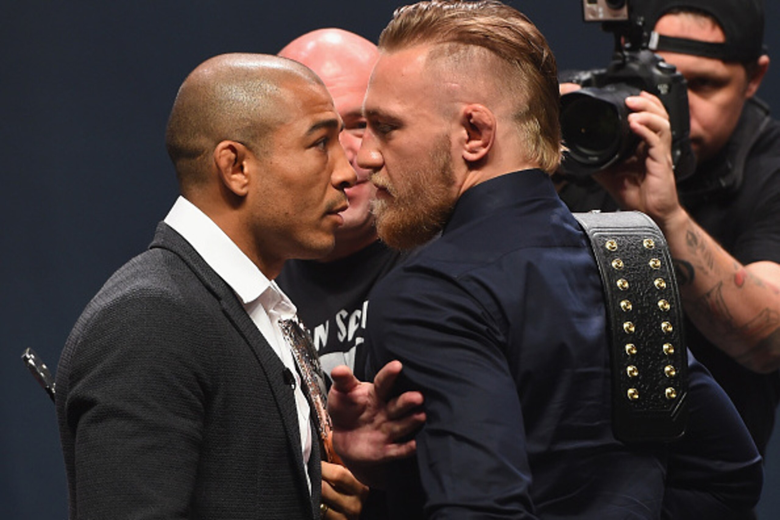 LAS VEGAS, NV - SEPTEMBER 04: (L-R) UFC featherweight champion Jose Aldo and featherweight interim champion Conor McGregor face off during the UFC's Go Big launch event inside MGM Grand Garden Arena on September 4, 2015 in Las Vegas, Nevada. (Photo by J LAS VEGAS, NV - SEPTEMBER 04: (L-R) UFC featherweight champion Jose Aldo and featherweight interim champion Conor McGregor face off during the UFC's Go Big launch event inside MGM Grand Garden Arena on September 4, 2015 in Las Vegas, Nevada. (Photo by J