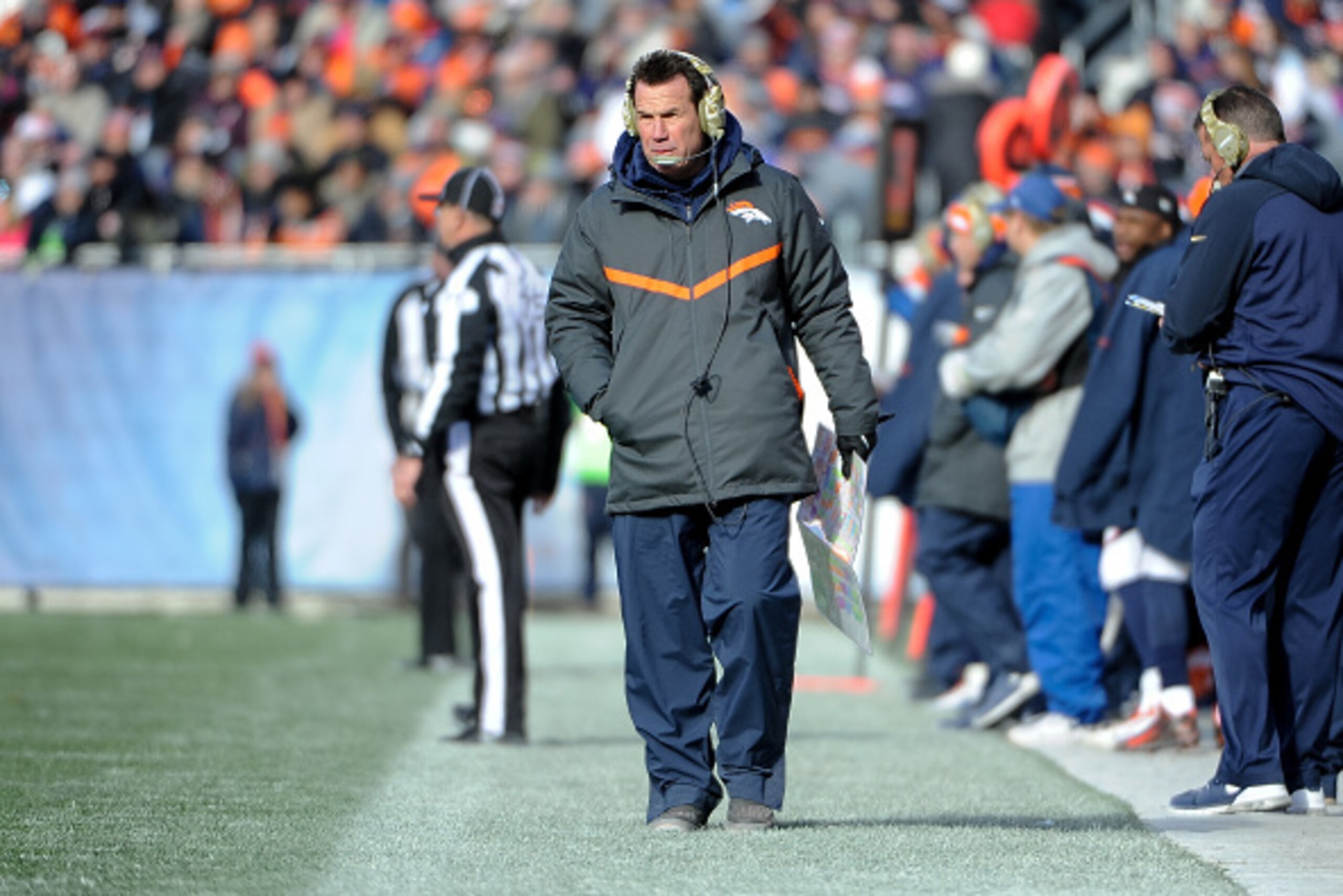 CHICAGO, IL - NOVEMBER 22:  Head coach Gary Kubiak of the Denver Broncos walks on the sidelines in the second quarter against the Chicago Bears at Soldier Field on November 22, 2015 in Chicago, Illinois.  The Denver Broncos defeat the Chicago Bears 17 to 