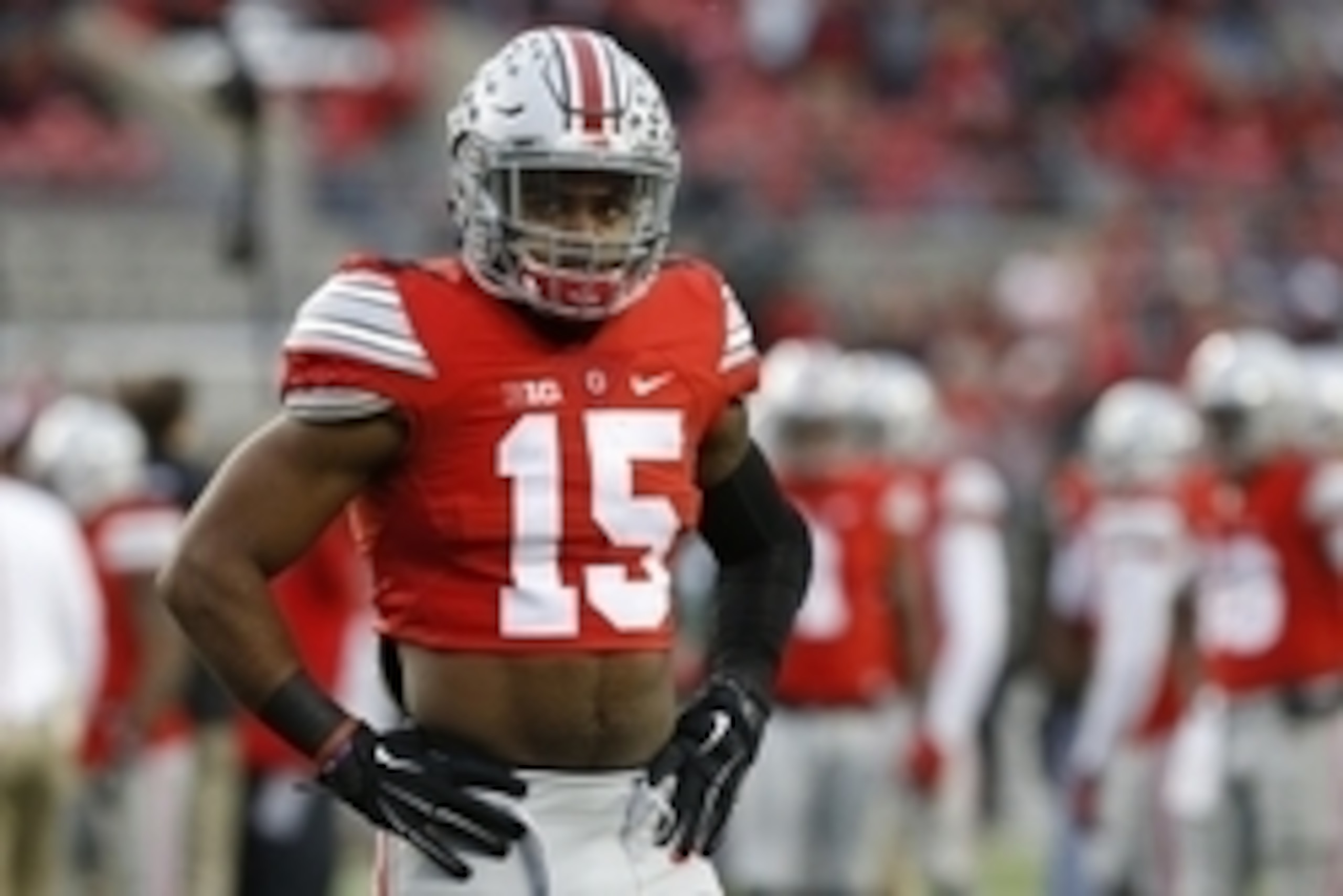 Nov 21, 2015; Columbus, OH, USA; Ohio State Buckeyes running back Ezekiel Elliott (15) stands on the field prior to the Buckeyes' game against the Michigan State Spartans at Ohio Stadium. Mandatory Credit: Geoff Burke-USA TODAY Sports