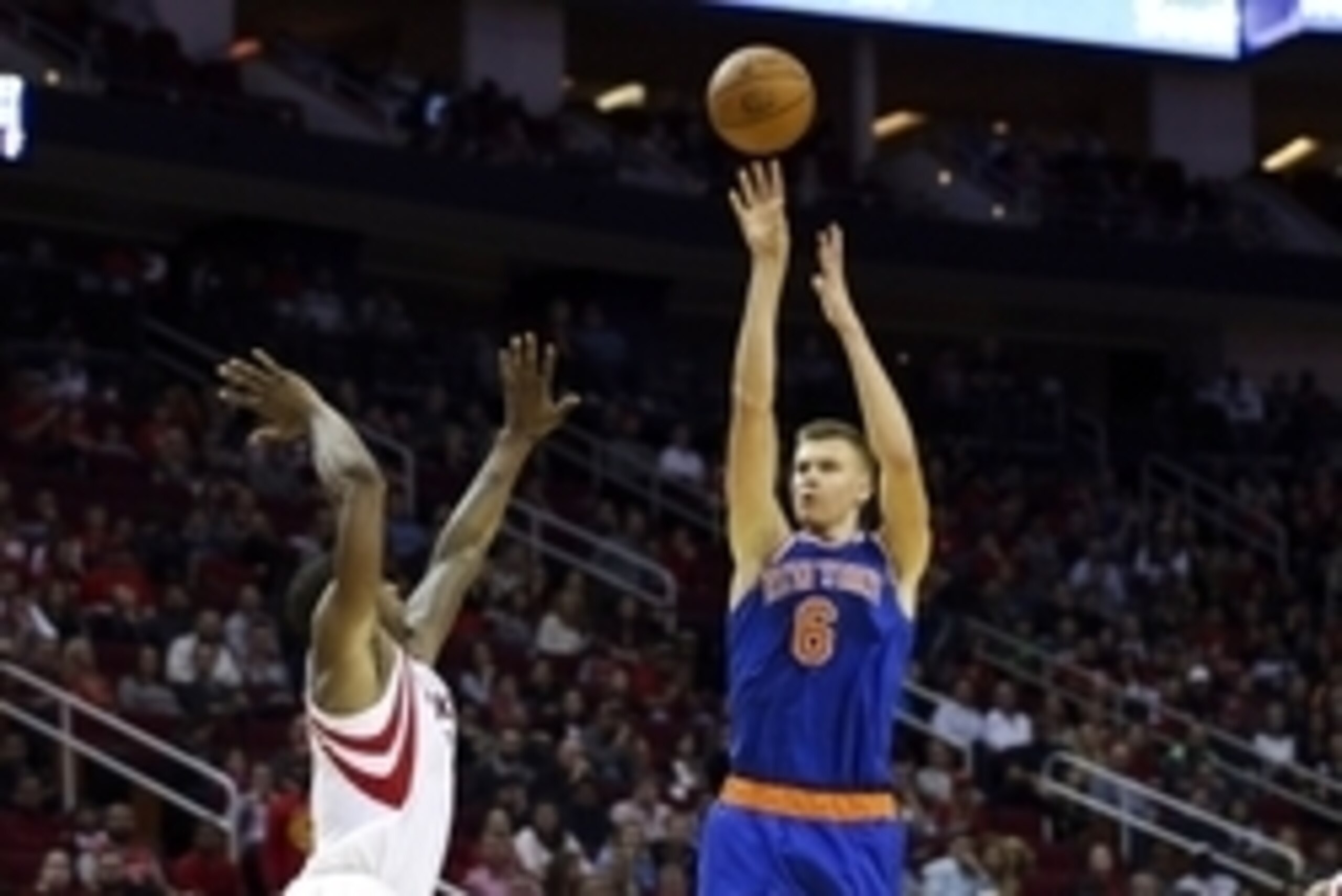 Nov 21, 2015; Houston, TX, USA; New York Knicks forward Kristaps Porzingis (6) shoots the ball during the fourth quarter against the Houston Rockets at Toyota Center. The Knicks defeated the Rockets 107-102. Mandatory Credit: Troy Taormina-USA TODAY Sport