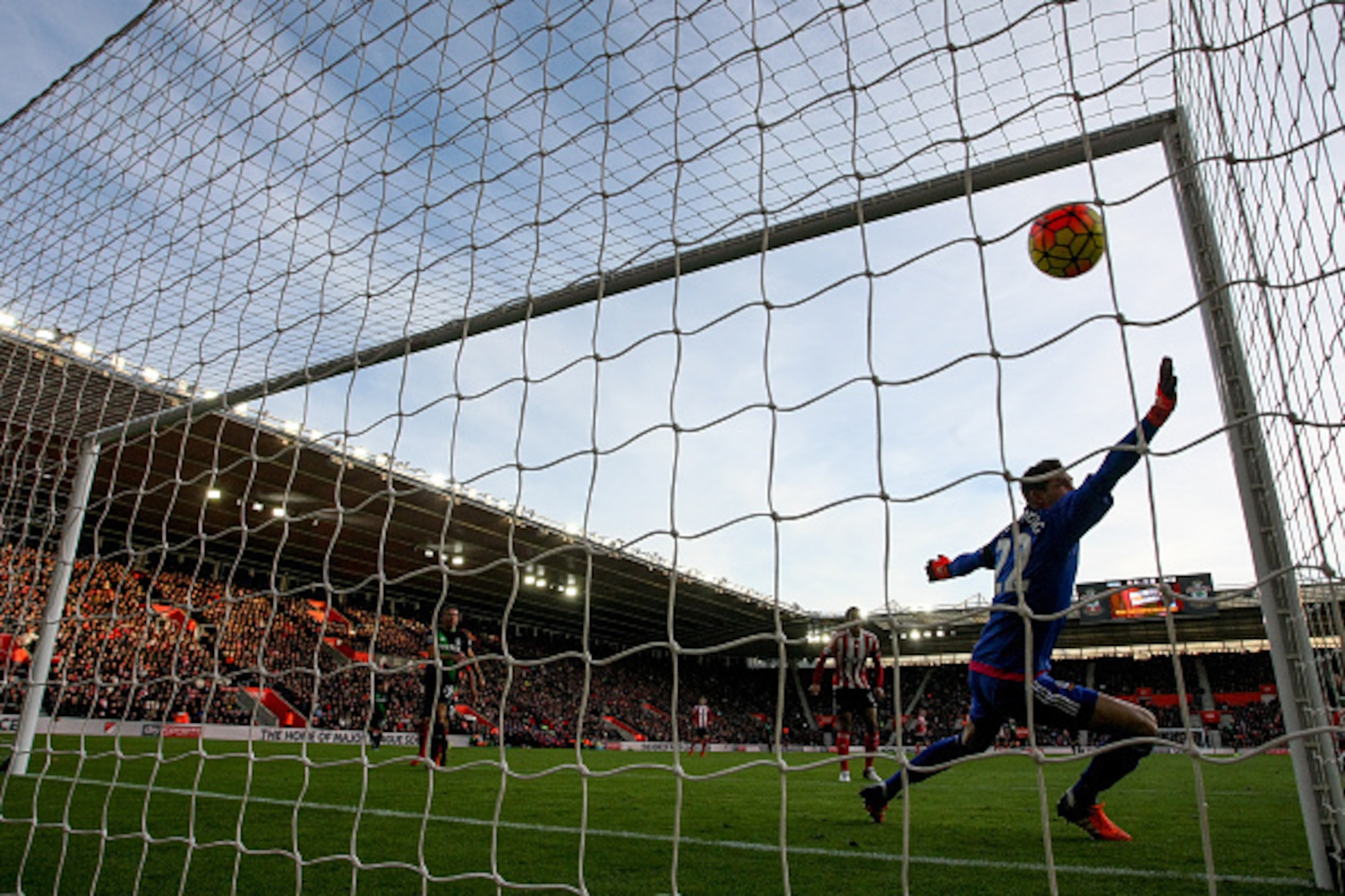 SOUTHAMPTON, ENGLAND - NOVEMBER 21:  Maarten Stekelenburg of Southampton fails to stop the goal from Bojan Krkic of Stoke to make it 1-0 during the Barclays Premier League match between Southampton and Stoke City at St Mary's Stadium on November 21, 2015 
