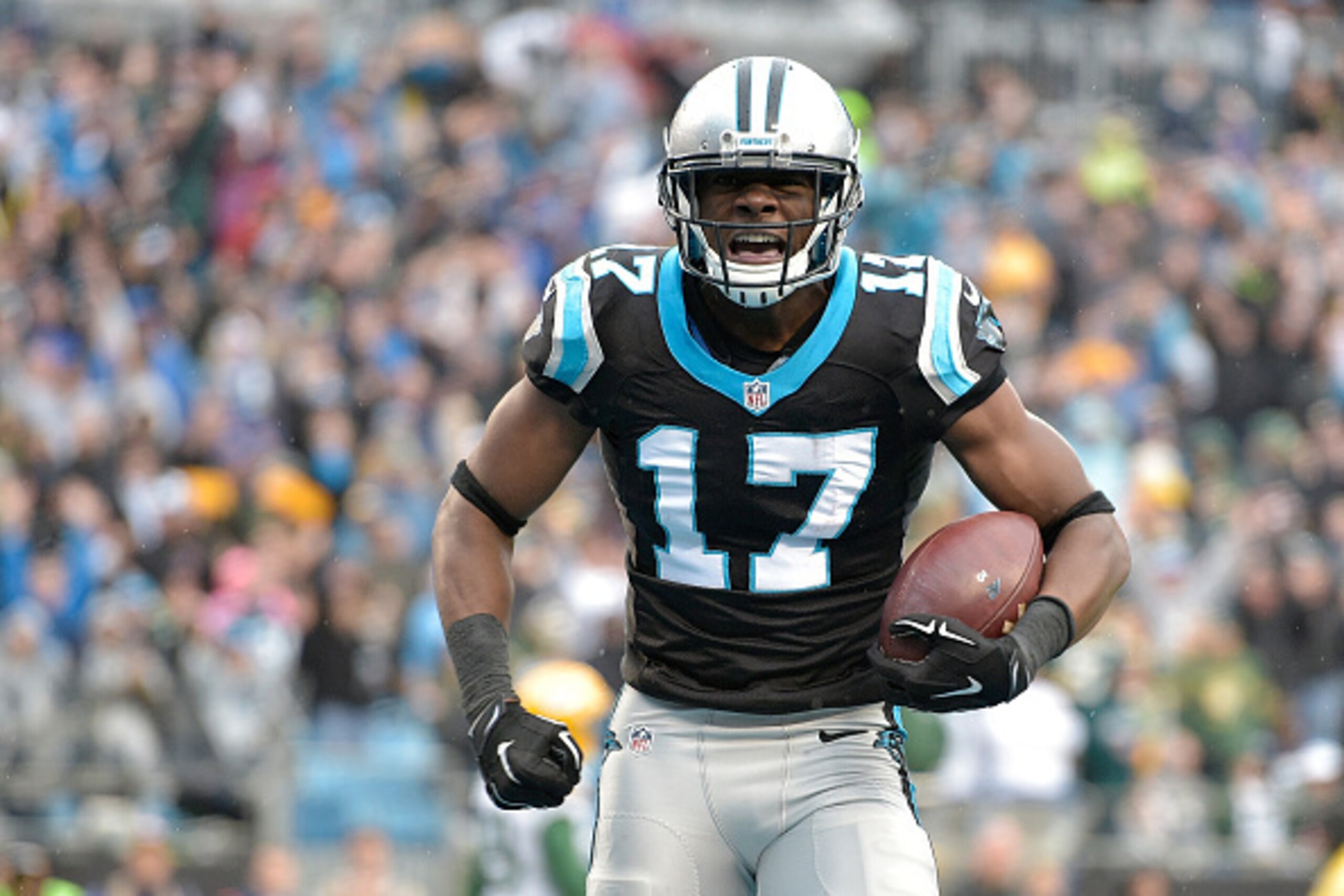 CHARLOTTE, NC - NOVEMBER 08:  Devin Funchess #17 of the Carolina Panthers reacts after scoring a touchdown against the Green Bay Packers in the 4th quarter during their game at Bank of America Stadium on November 8, 2015 in Charlotte, North Carolina.  (Ph