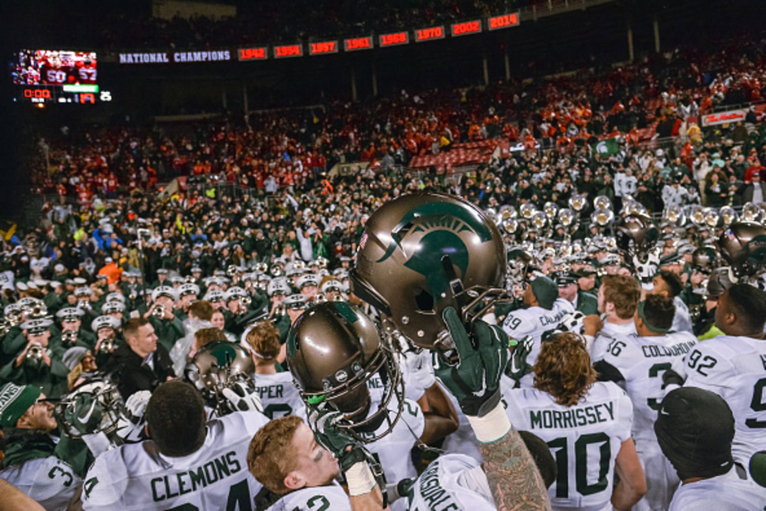 COLUMBUS, OH - NOVEMBER 21: The Michigan State Spartans celebrate with their fans after defeating The Ohio State Buckeyes 17-14 at Ohio Stadium on November 21, 2015 in Columbus, Ohio. (Photo by Jamie Sabau/Getty Images) COLUMBUS, OH - NOVEMBER 21: The Michigan State Spartans celebrate with their fans after defeating The Ohio State Buckeyes 17-14 at Ohio Stadium on November 21, 2015 in Columbus, Ohio. (Photo by Jamie Sabau/Getty Images)