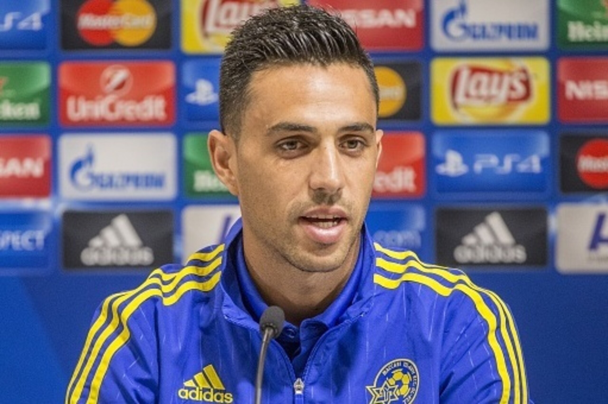 Maccabi Tel Aviv's Israeli midfielder Eran Zahavi speaks during a press conference at the Sammy Ofer Stadium in the Israeli coastal city of Haifa on November 3, 2015, on the eve of the UEFA Champions League, group G, football match between Maccabi Tel Avi
