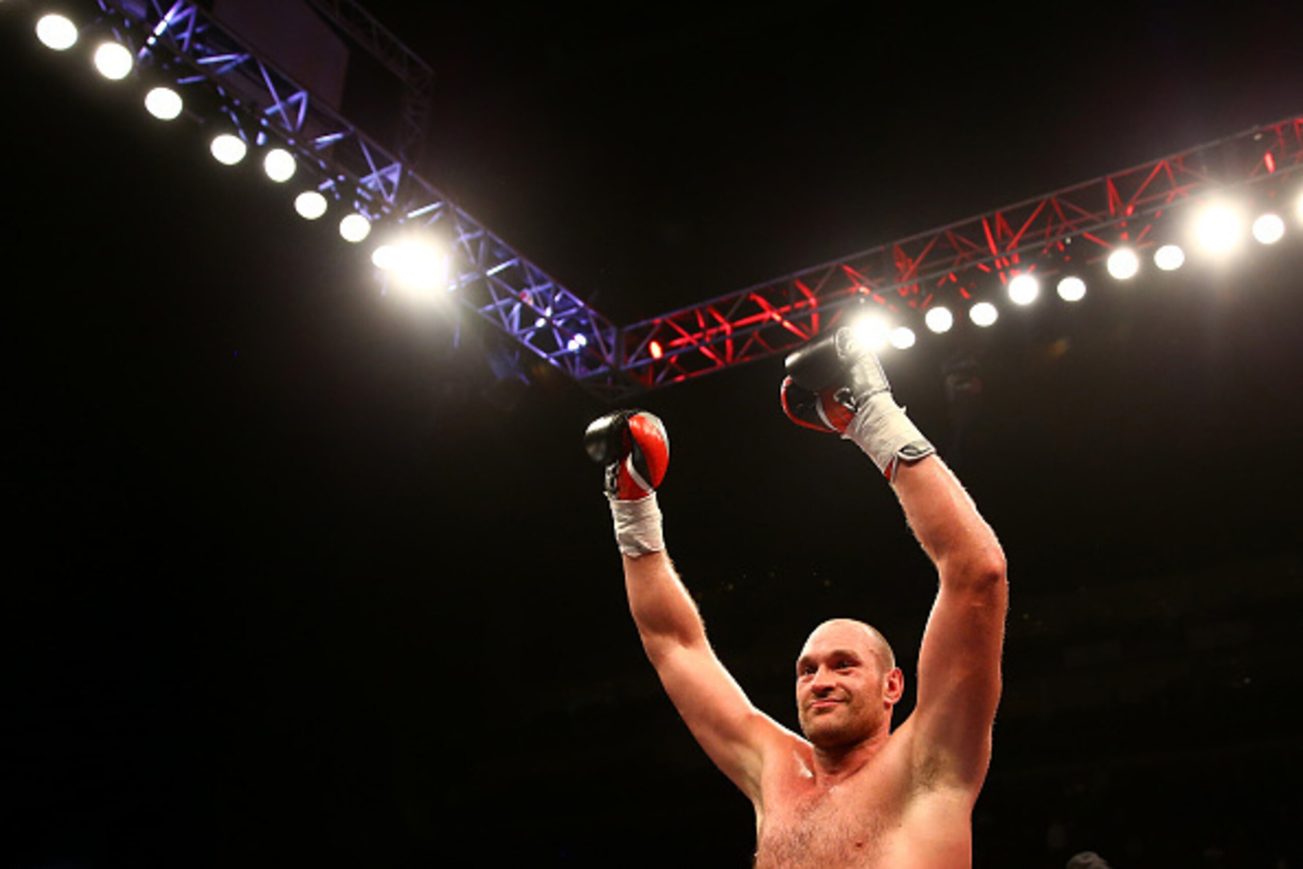 LONDON, ENGLAND - FEBRUARY 28:  Tyson Fury celebrates victory over Christian Hammer in a Heavyweight Contest at the O2 Arena on February 28, 2015 in London, England.  (Photo by Richard Heathcote/Getty Images)