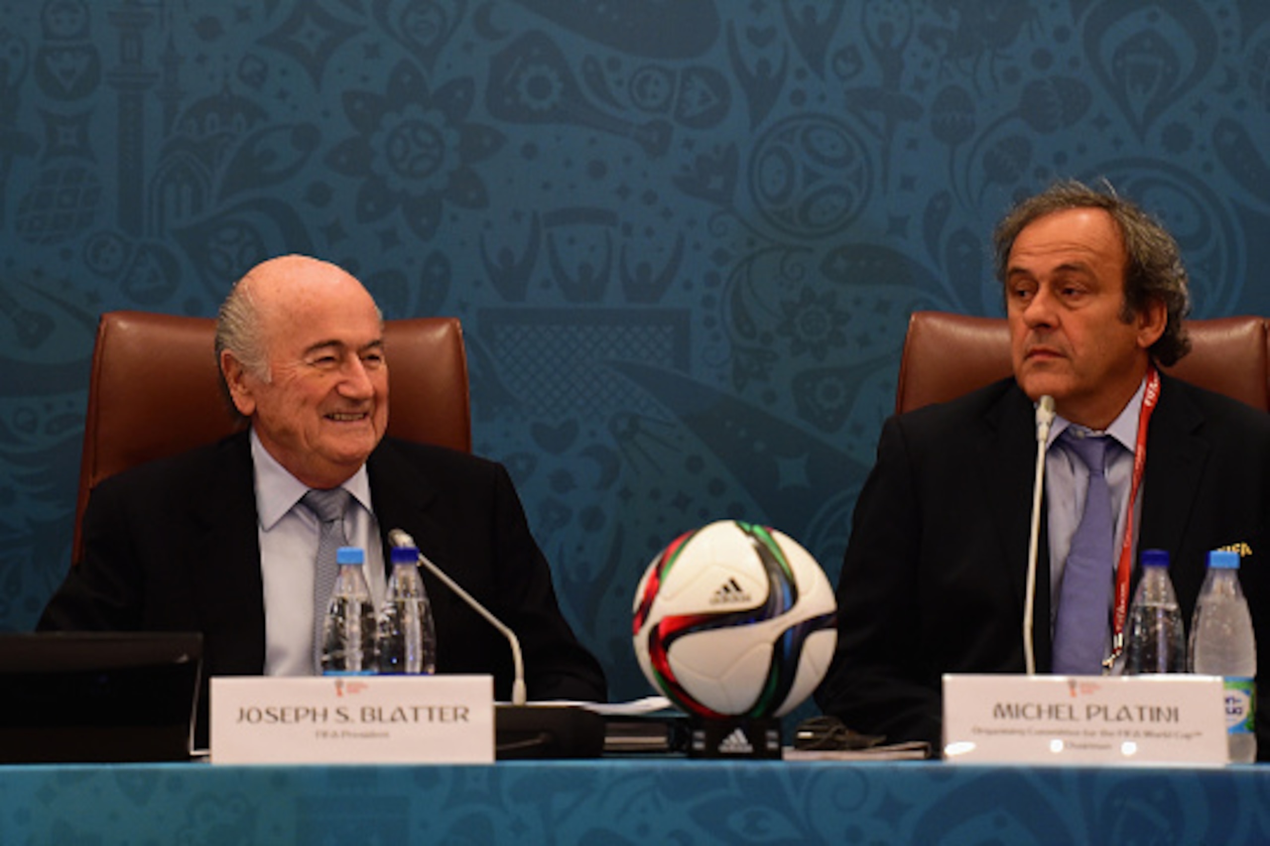 SAINT PETERSBURG, RUSSIA - JULY 25:  FIFA President Joseph S. Blatter and UEFA President Michel Platini look on during the Team Seminar ahead of the Preliminary Draw of the 2018 FIFA World Cup at the Corinthia Hotel on July 25, 2015 in Saint Petersburg, R