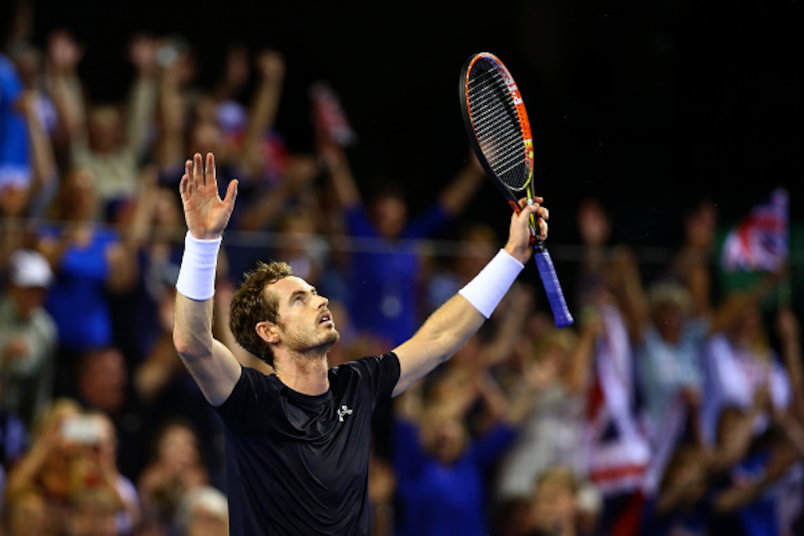 GLASGOW, SCOTLAND - SEPTEMBER 20:  Andy Murray of Great Britain celebrates victory in his match against Bernard Tomic of Australia during Day Three of the Davis Semi-Final match between Great Britain and Australia at Emirates Arena on September 20, 2015 i