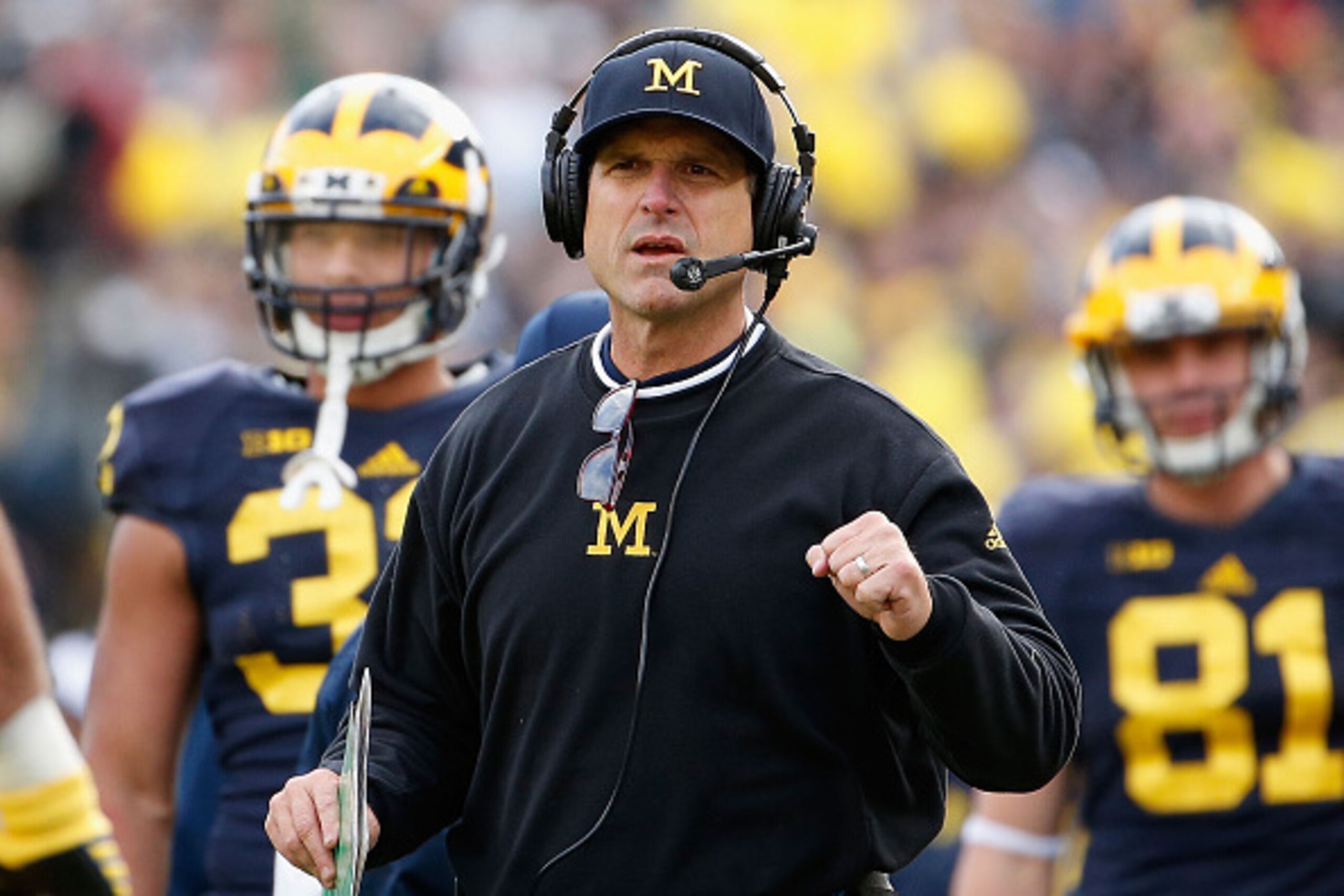 ANN ARBOR, MI - OCTOBER 17:  Head coach Jim Harbaugh of the Michigan Wolverines reacts during the college football game against the Michigan State Spartans at Michigan Stadium on October 17, 2015 in Ann Arbor, Michigan. The Spartans defeated the Wolverine