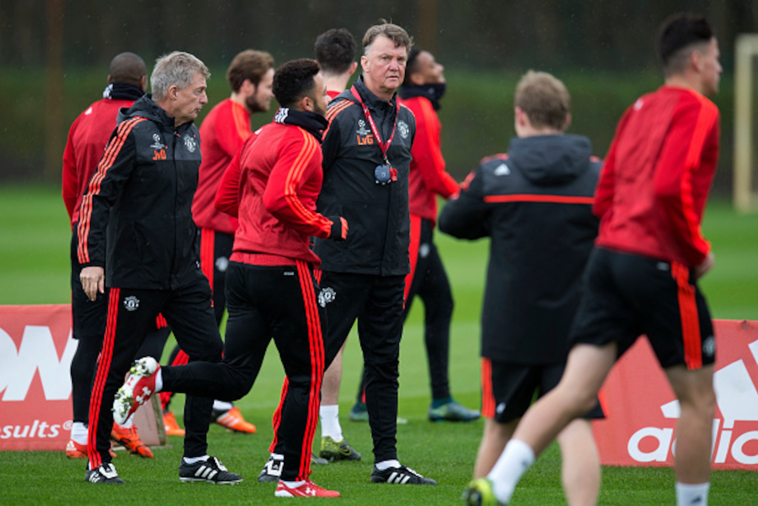 Manchester United's Dutch manager Louis van Gaal (C) watches his players druing a team training session in Manchester, north west England, on November 24, 2015, ahead of their UEFA Champions League Group B football match against PSV Eindhoven on November Manchester United's Dutch manager Louis van Gaal (C) watches his players druing a team training session in Manchester, north west England, on November 24, 2015, ahead of their UEFA Champions League Group B football match against PSV Eindhoven on November