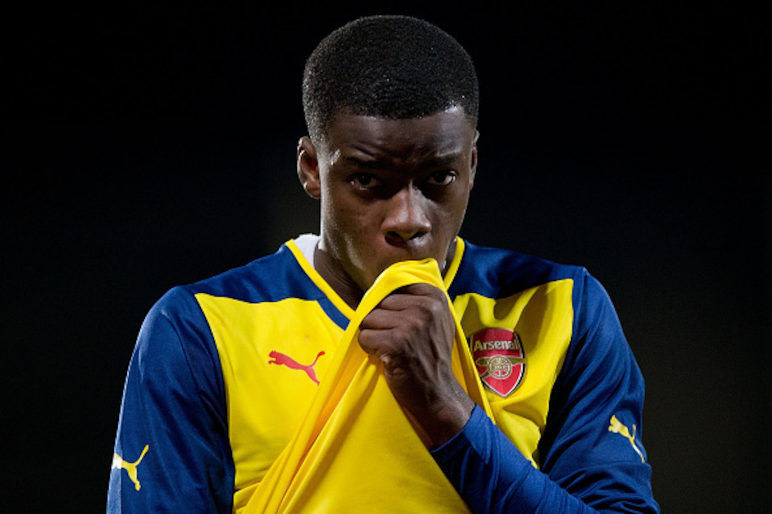 MAJADAHONDA, SPAIN - JANUARY 27:  Stephy Mavididi of Arsenal looks on after losing the UEFA Youth League match between Atletico de Madrid and Arsenal at Atletico de Madrid Sport City on January 27, 2015 in Majadahonda, Spain.  (Photo by Gonzalo Arroyo Mor