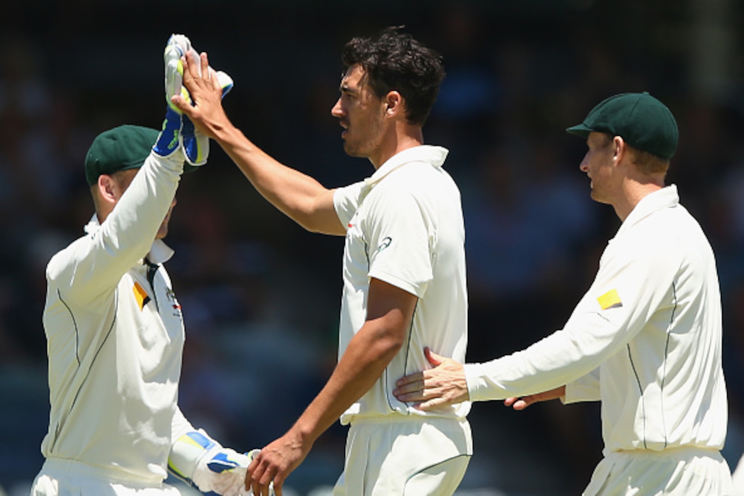 PERTH, AUSTRALIA - NOVEMBER 16: Mitchell Starc of Australia celebrates after taking the wicket of Tim Southee of New Zealand during day four of the second Test match between Australia and New Zealand at the WACA on November 16, 2015 in Perth, Australia.  