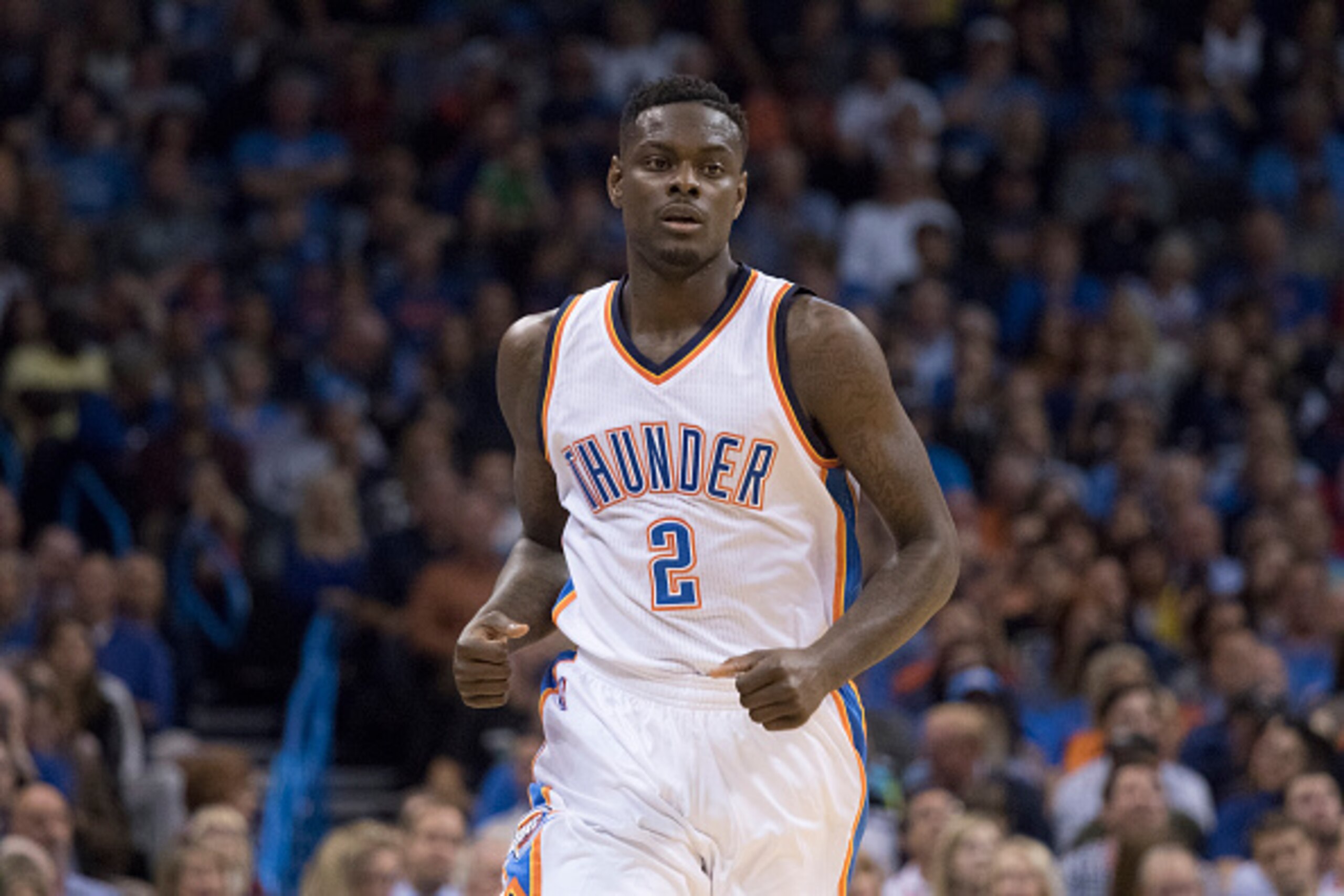 OKLAHOMA CITY, OK - OCTOBER 28: Anthony Morrow #2 of the Oklahoma City Thunder runs down the court during the fourth quarter of a NBA game against the San Antonio Spurs at the Chesapeake Energy Center on October 28, 2015 in Oklahoma City, Oklahoma. NOTE T