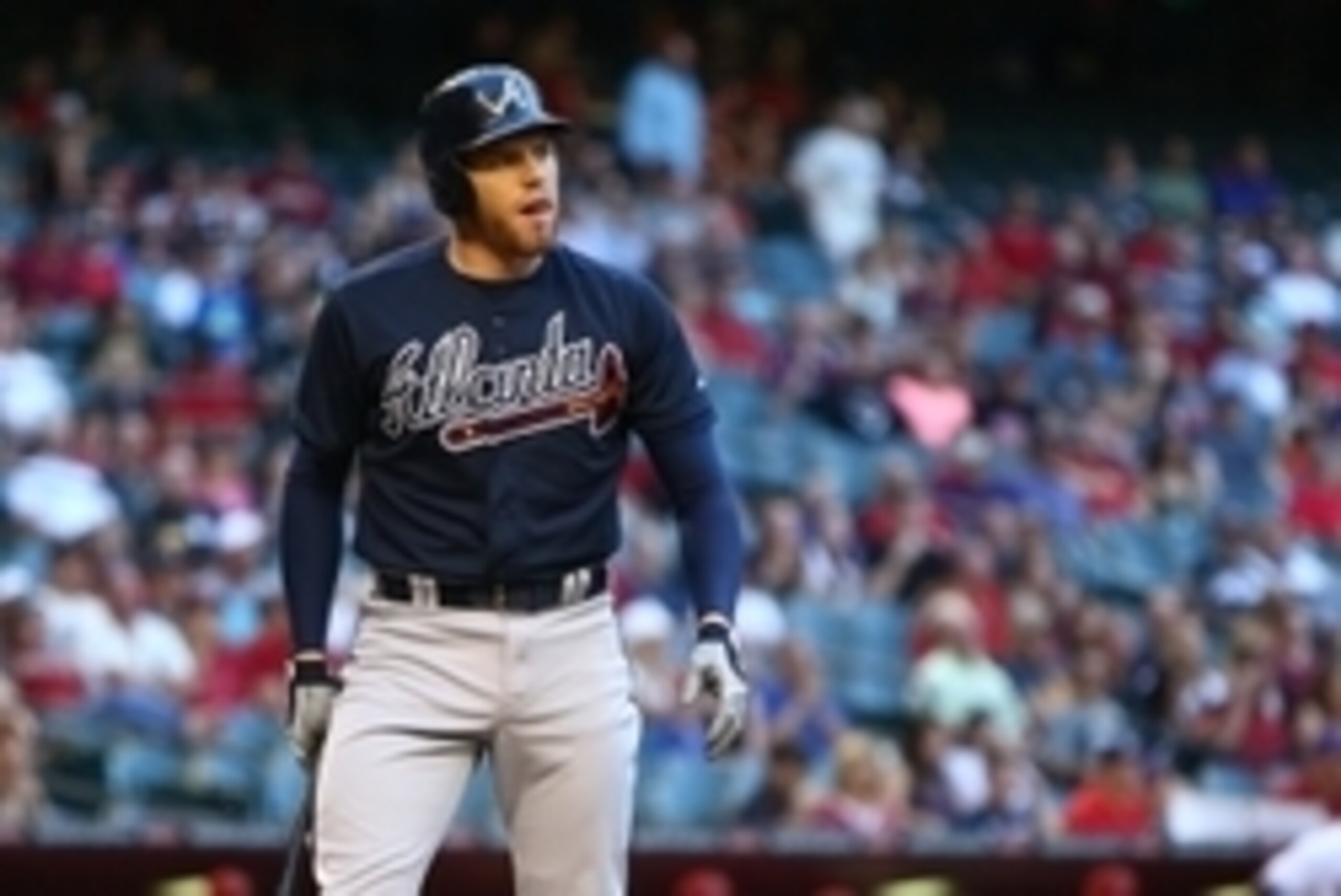 Jun 2, 2015; Phoenix, AZ, USA; Atlanta Braves first baseman Freddie Freeman against the Arizona Diamondbacks at Chase Field. Mandatory Credit: Mark J. Rebilas-USA TODAY Sports